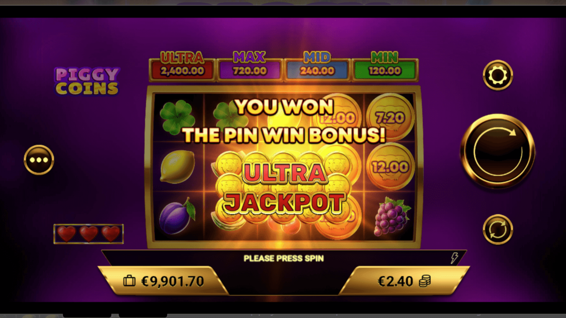Pick'em Bonus Big Win in Piggy Coins Celebration of a Big Win in the Pick'em Bonus feature of Piggy Coins slot game by Amigo Gaming.