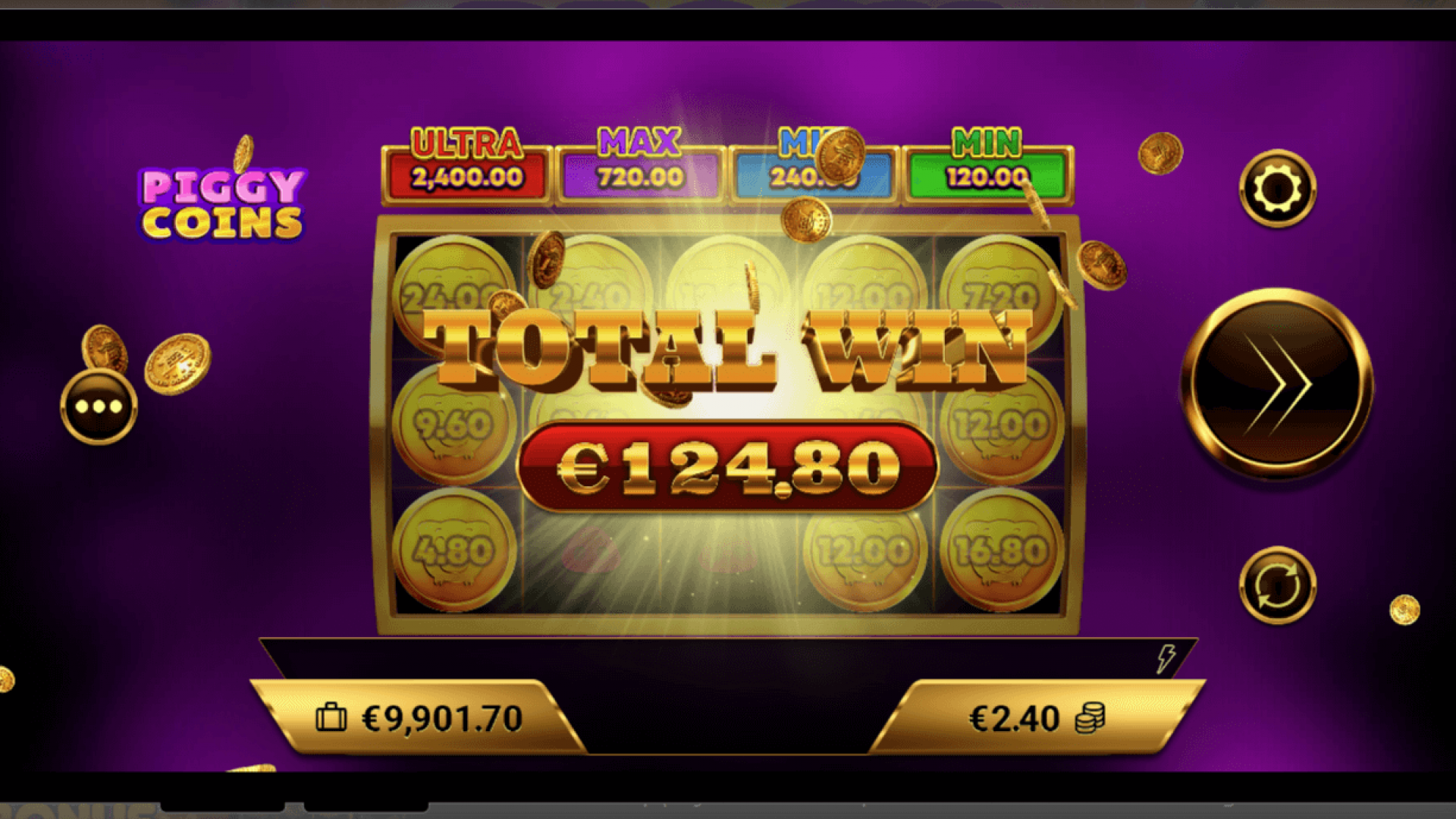 Pin Win Bonus Gameplay in Piggy Coins Gameplay of the Pin Win Bonus feature in Piggy Coins, with gold coins filling the grid for increasing rewards.