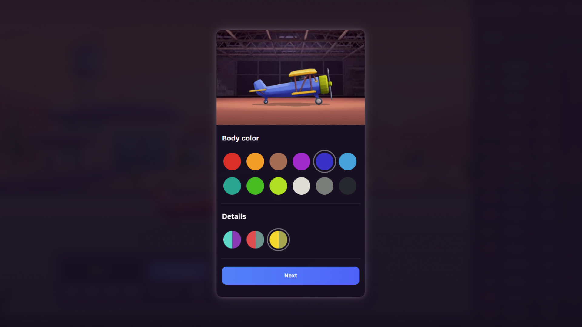 Aviatrix Plane Customisation - Color Screenshot showing the color customization options for the base plane in Aviatrix.
