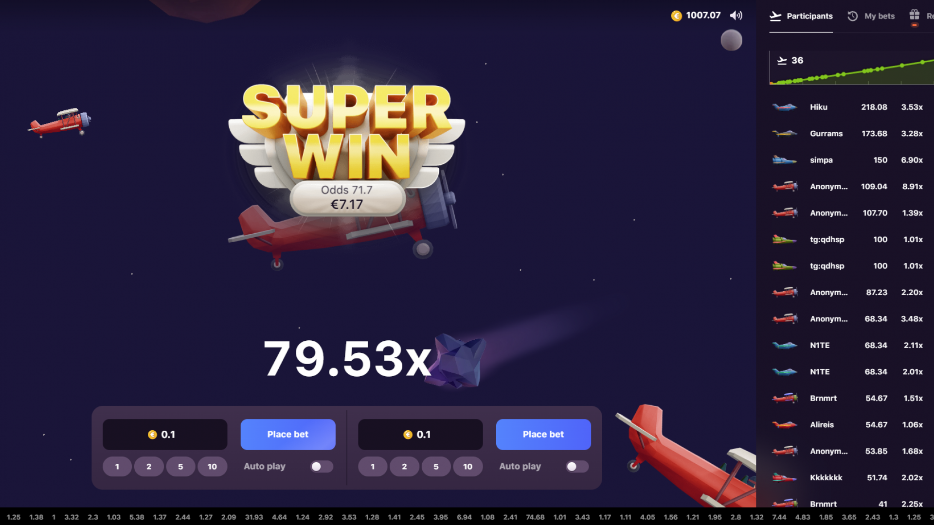 Aviatrix Base Plane - Super Win Screenshot of a super win with the base plane in the Aviatrix game.