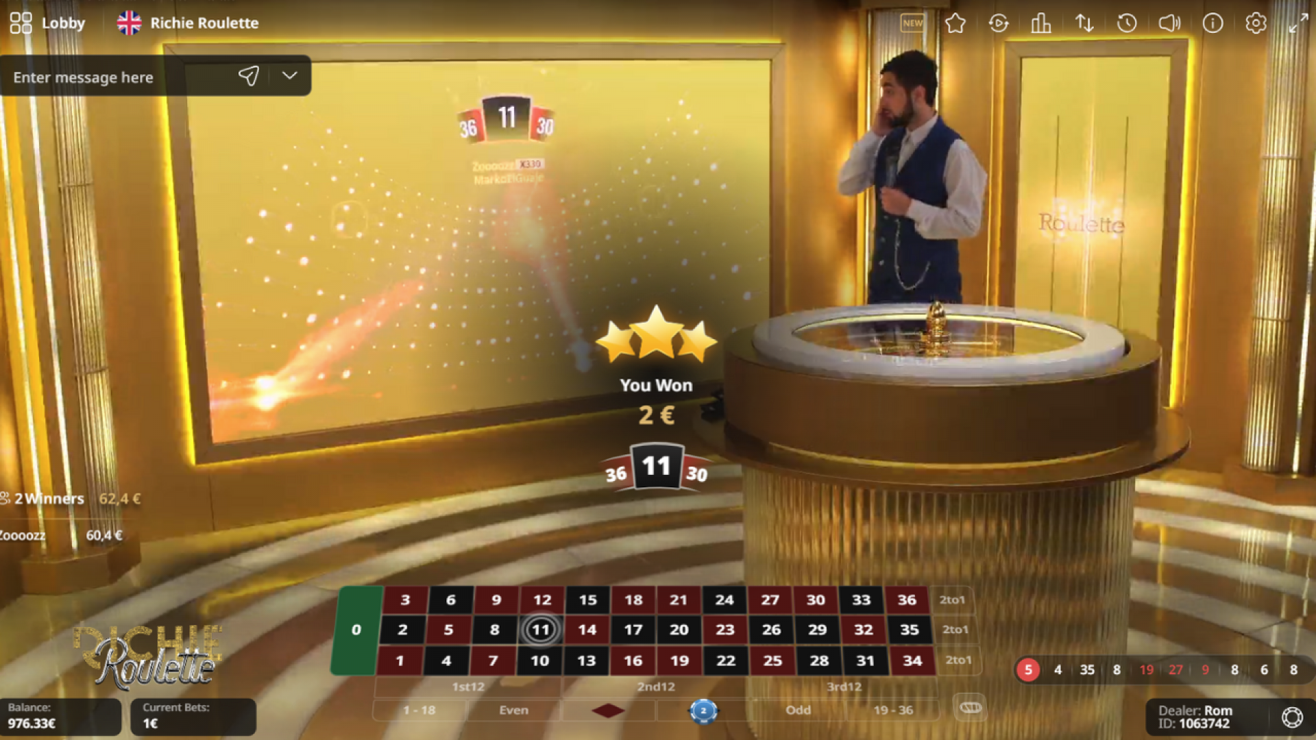 Winning Big with STARs Multipliers in Richie Roulette Richie Roulette game interface displaying a winning scenario with STARs multipliers enhancing payouts.