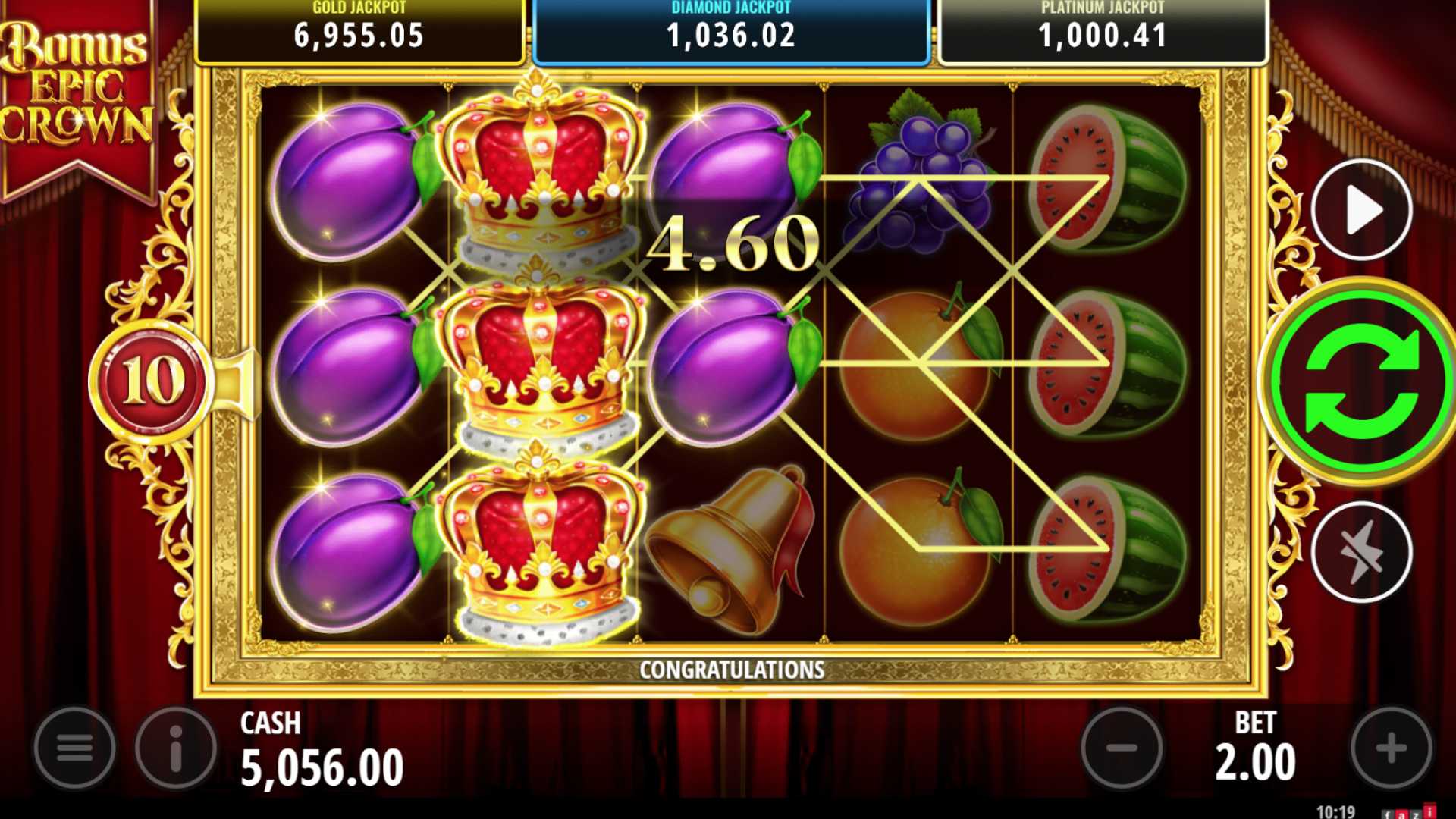 Bonus Epic Crown Slot - Expanding Wilds in Base Game Base game view of Bonus Epic Crown slot by FAZI with expanding wilds filling the reels for potential wins."