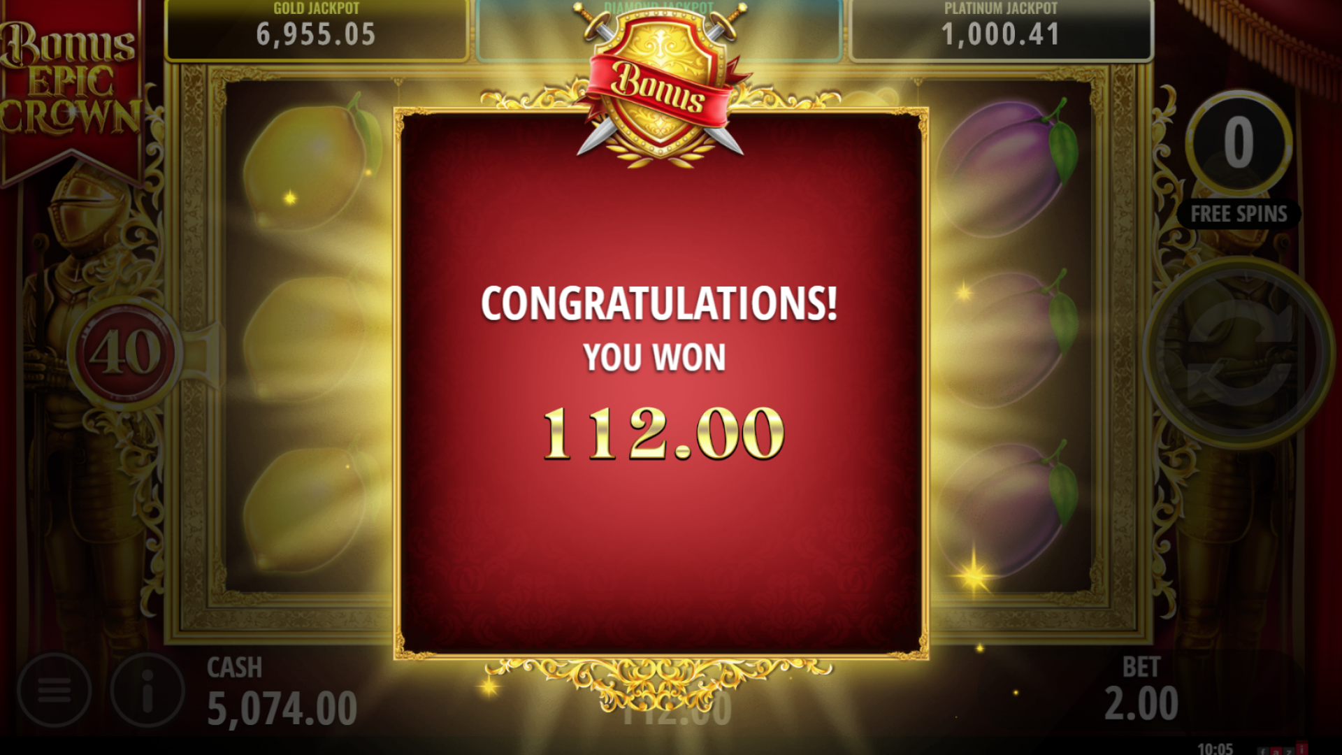 Bonus Epic Crown Slot - Entering the Bonus Game View of the Bonus Game in Bonus Epic Crown slot, where additional paylines increase winning chances.
