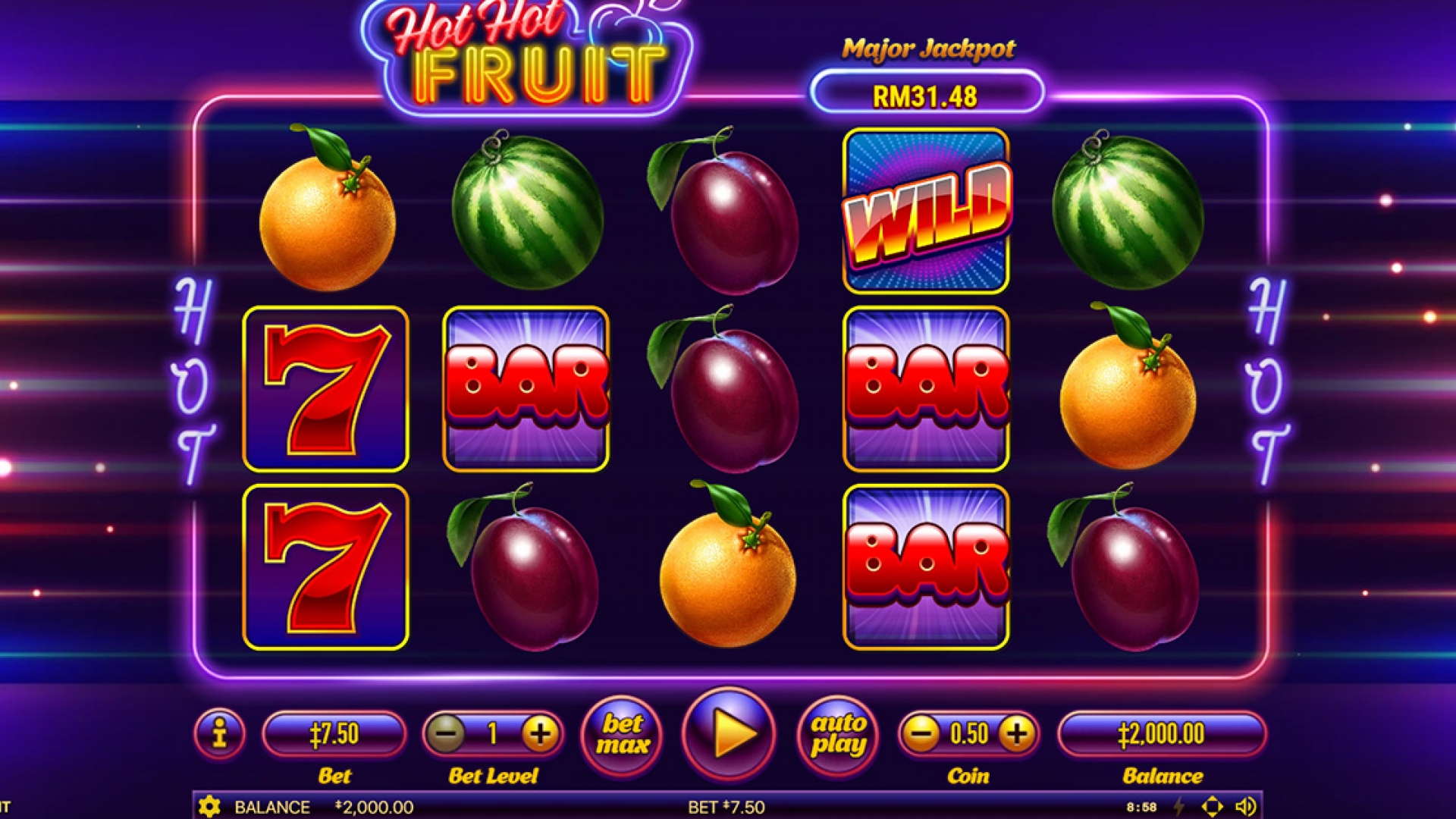 Hot Hot Fruit - Base Game Screenshot of Hot Hot Fruit showing the base game with fruit symbols on the reels.