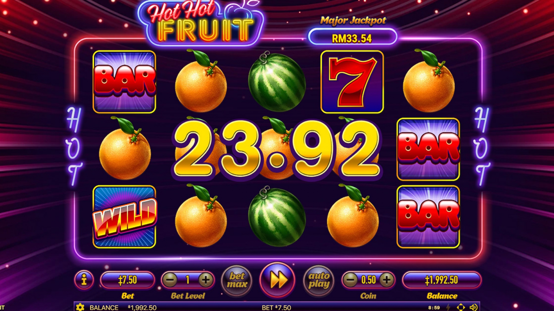 Hot Hot Fruit - Normal Win Screenshot of Hot Hot Fruit displaying a regular win with coins and symbols highlighted.