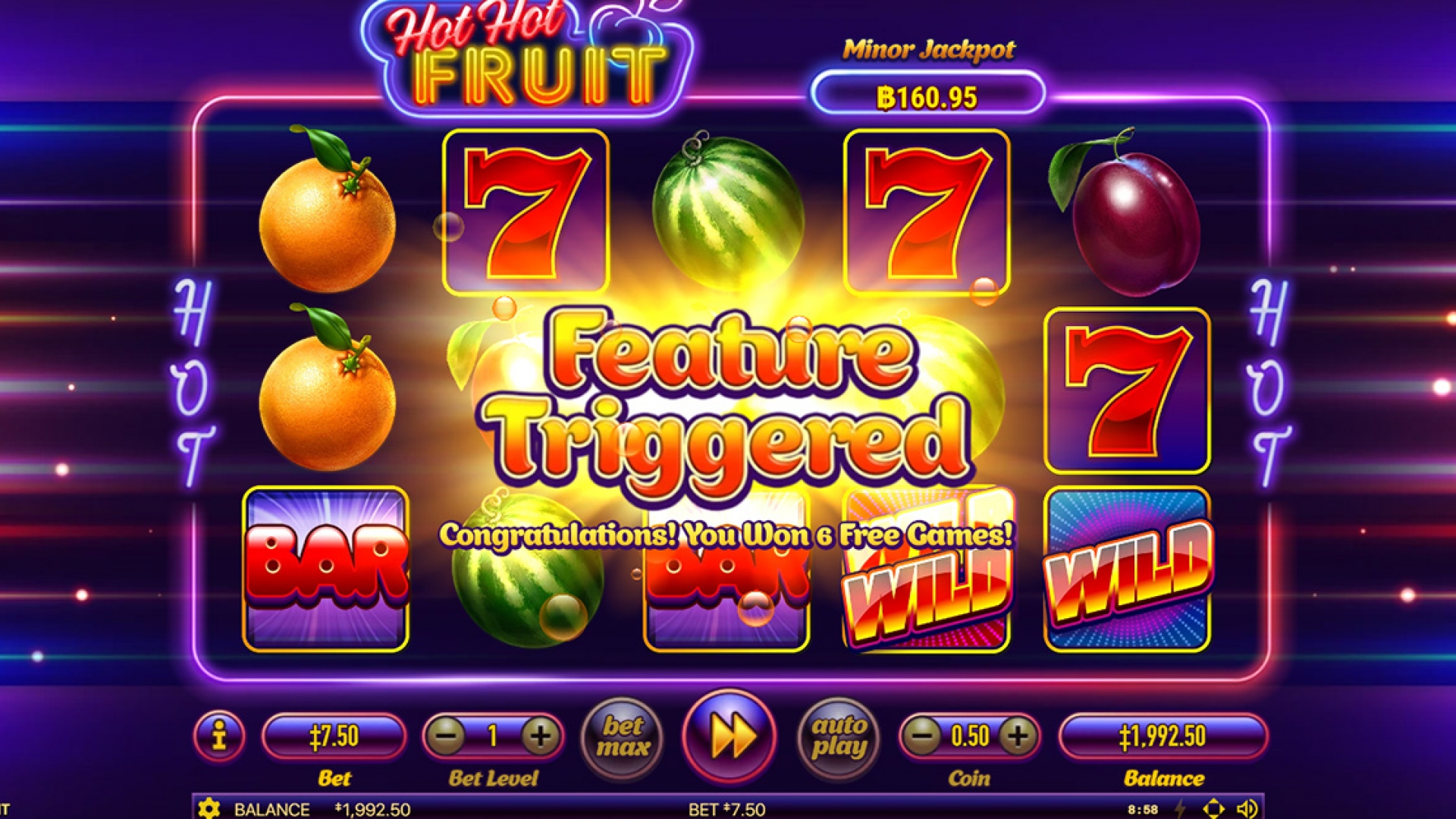 Hot Hot Fruit - Free Games Trigger Screenshot of Hot Hot Fruit indicating the trigger of the free spins feature with wild symbols.