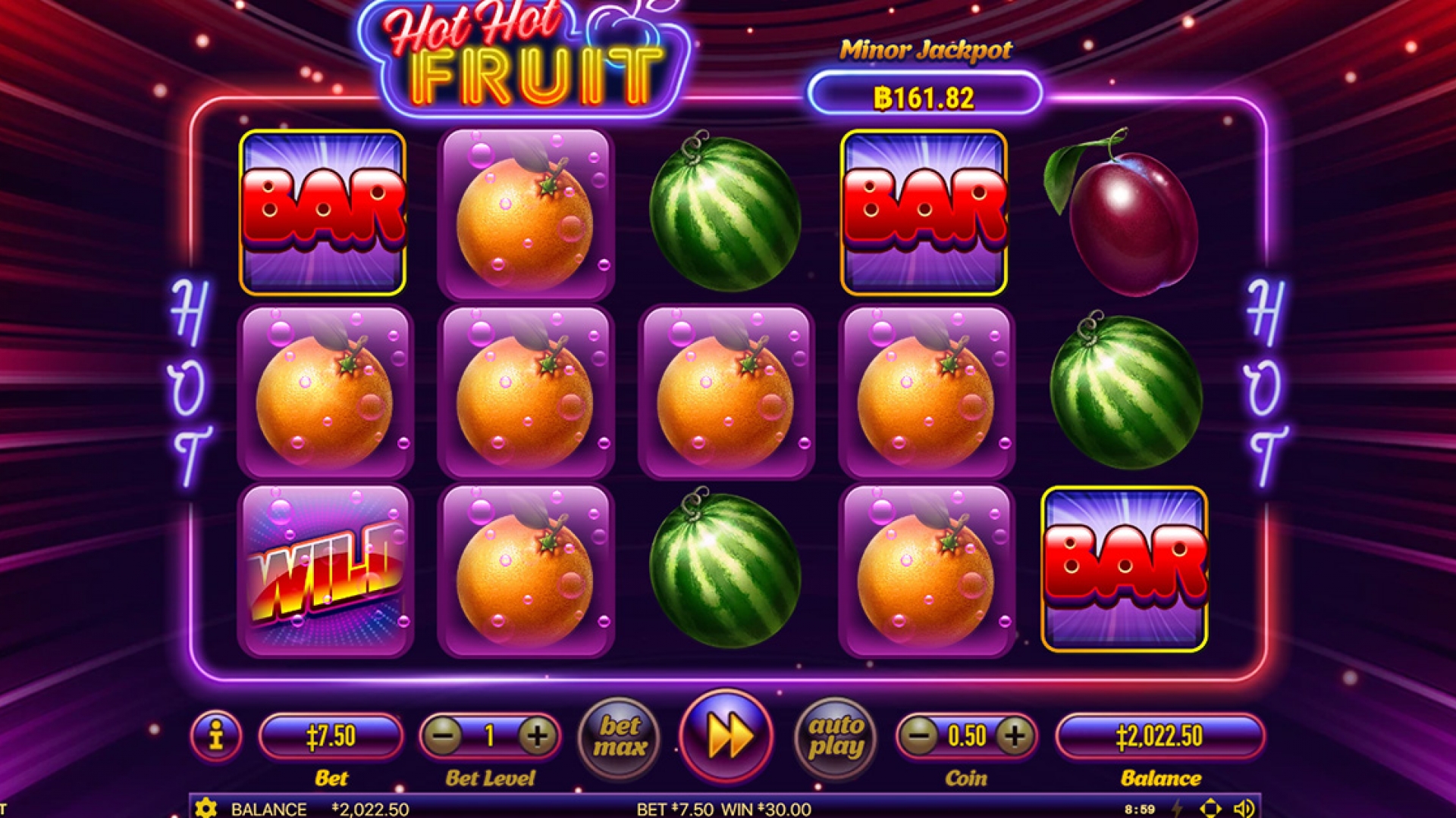 Hot Hot Fruit - Free Games Sticky Symbol Screenshot of Hot Hot Fruit during free spins, showing sticky symbols locked in place after a winning combination.