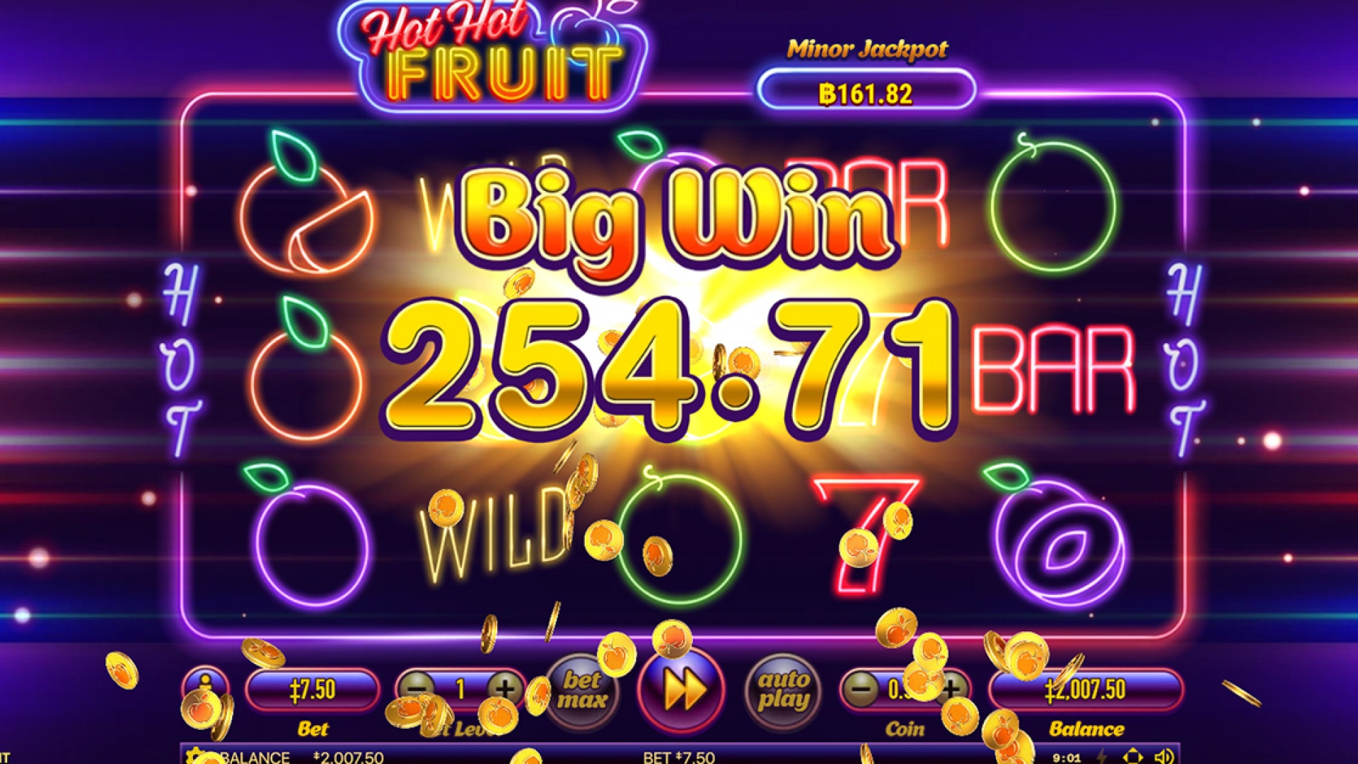 Hot Hot Fruit - Big Win Screenshot of Hot Hot Fruit celebrating a big win with a significant amount of coins collected.
