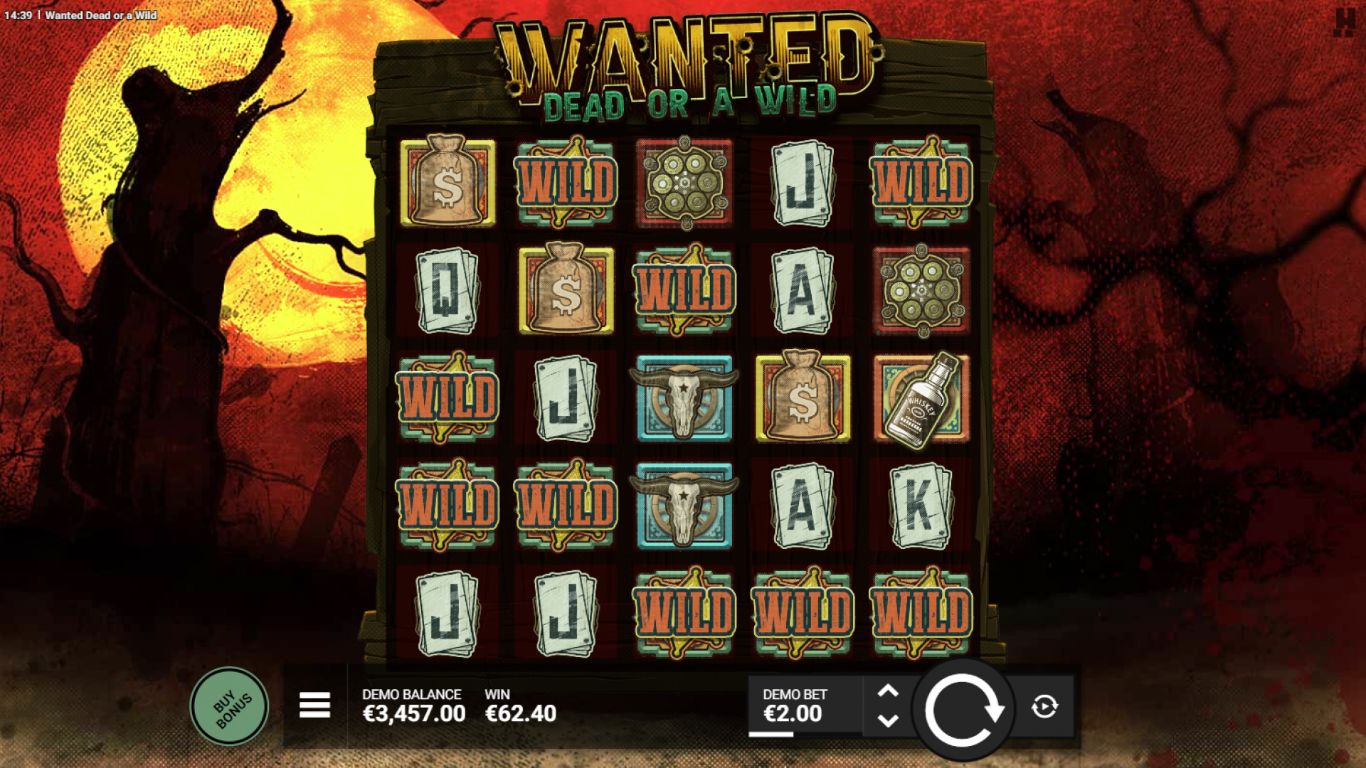 Wanted Dead or a Wild - Base Game Overview Screenshot showing the base game layout and symbols in Wanted Dead or a Wild by Hacksaw Gaming.