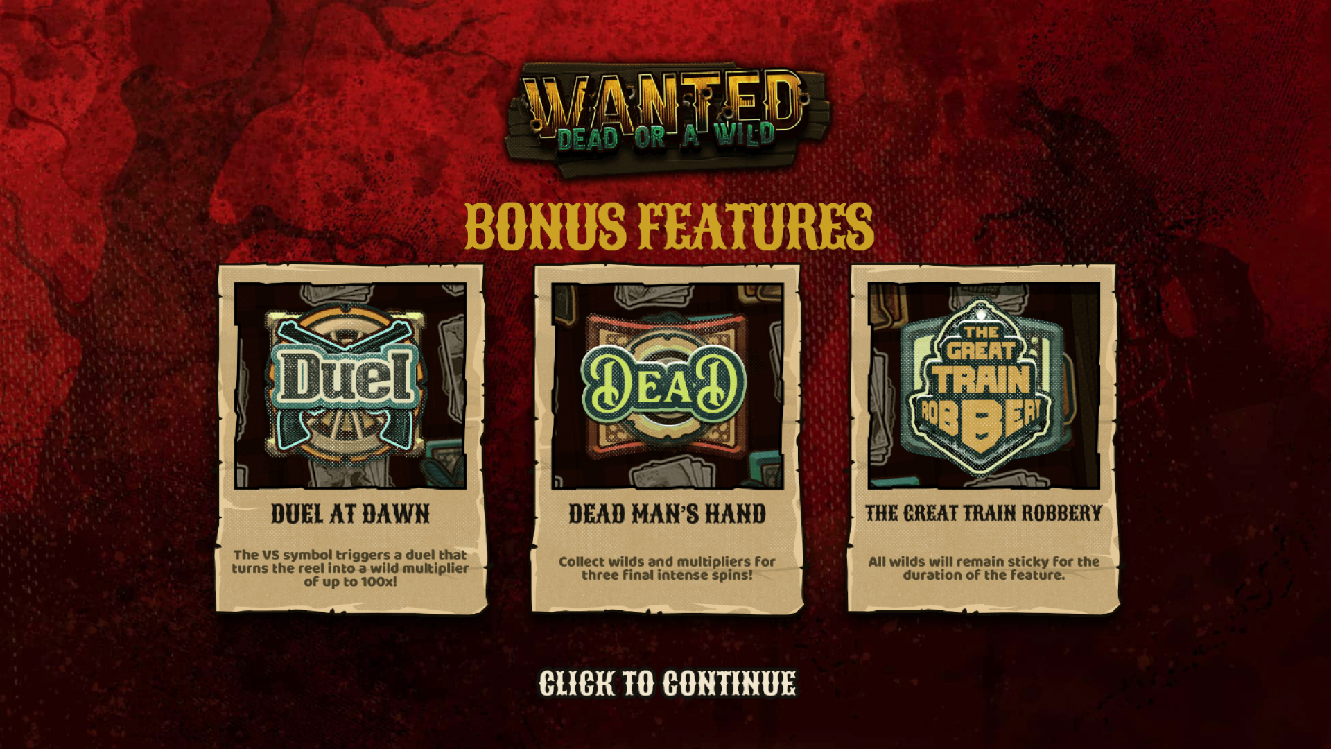 Wanted Dead or a Wild - Special Features Display Image displaying the special features available in Wanted Dead or a Wild, including bonus rounds and multipliers.