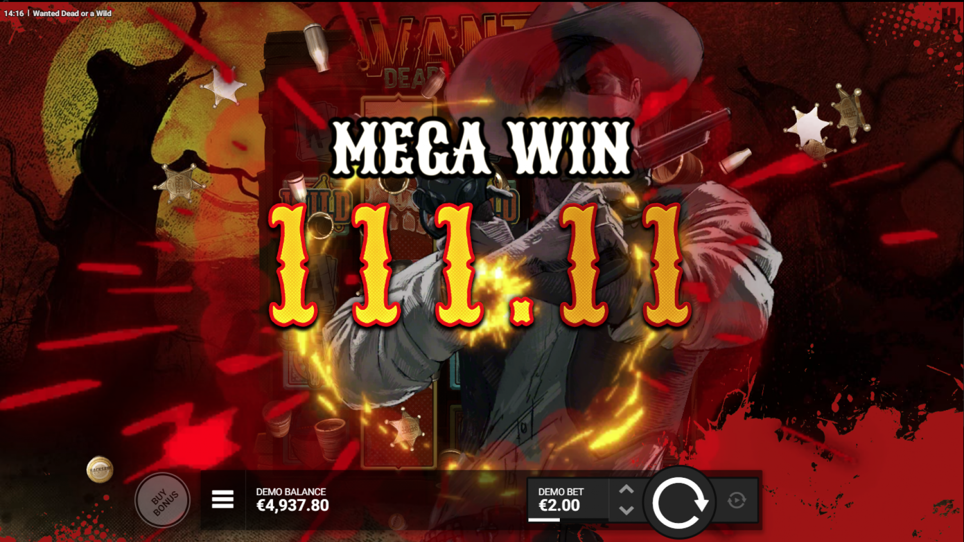 Wanted Dead or a Wild - Duel at Dawn Mega Win Screenshot of a Mega Win during the Duel at Dawn bonus feature in Wanted Dead or a Wild.