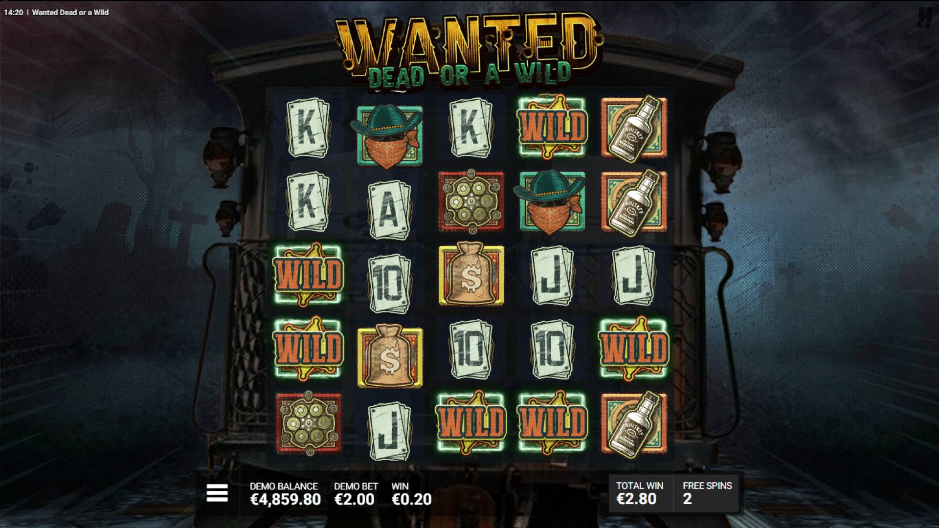 Wanted Dead or a Wild - Sticky Wilds in The Great Train Robbery Screenshot displaying sticky wilds during The Great Train Robbery feature in Wanted Dead or a Wild.