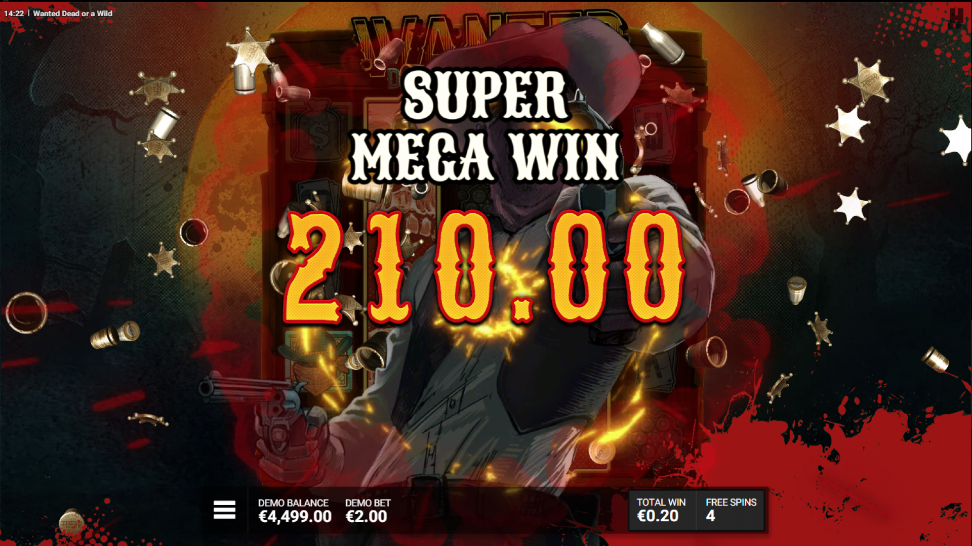 Wanted Dead or a Wild - Super Mega Win in Duel at Dawn Image showing a Super Mega Win during the Duel at Dawn feature in Wanted Dead or a Wild.