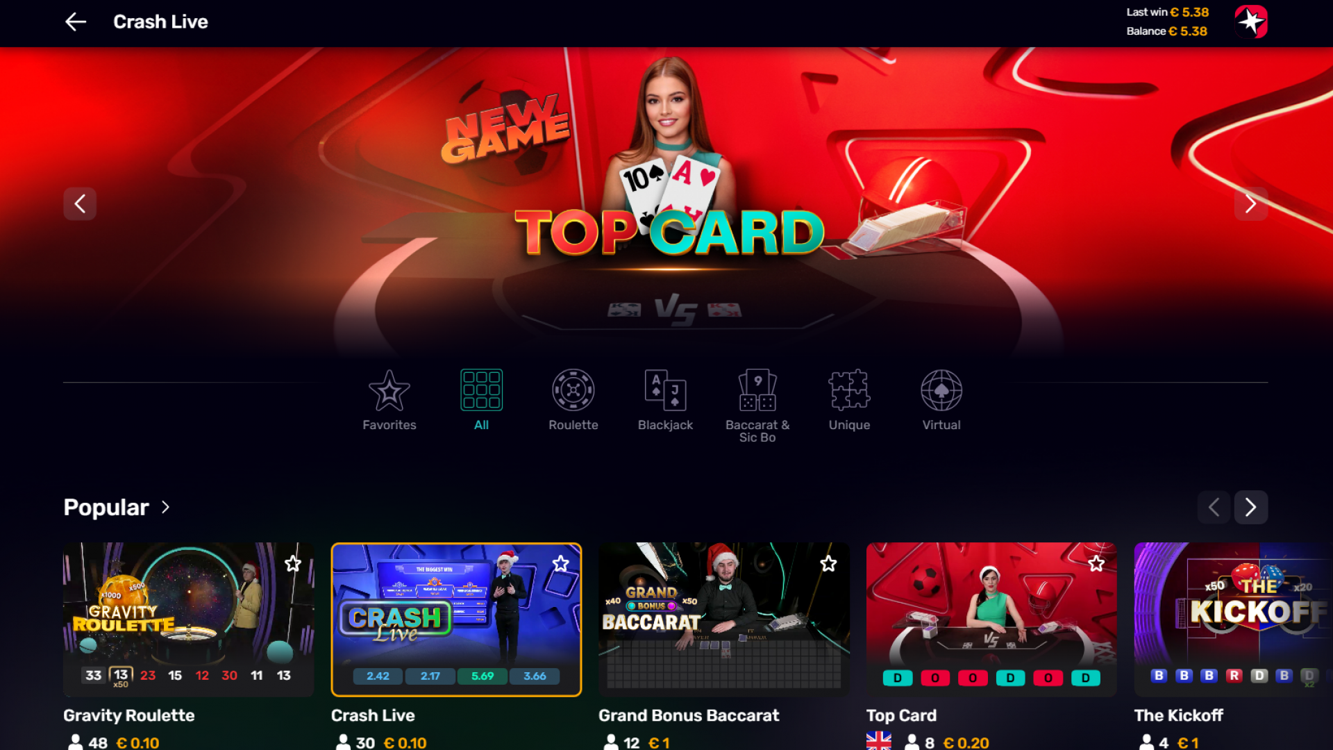Screenshot of the Crash Live lobby, showcasing game options and player interaction in Iconic 21's live casino experience.