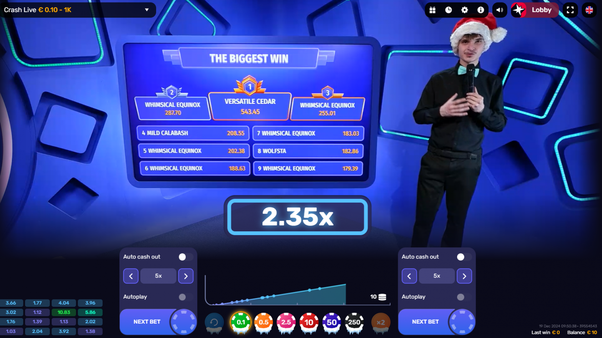 The start of a Crash Live game round, showing the multiplier building up in real time with player excitement.