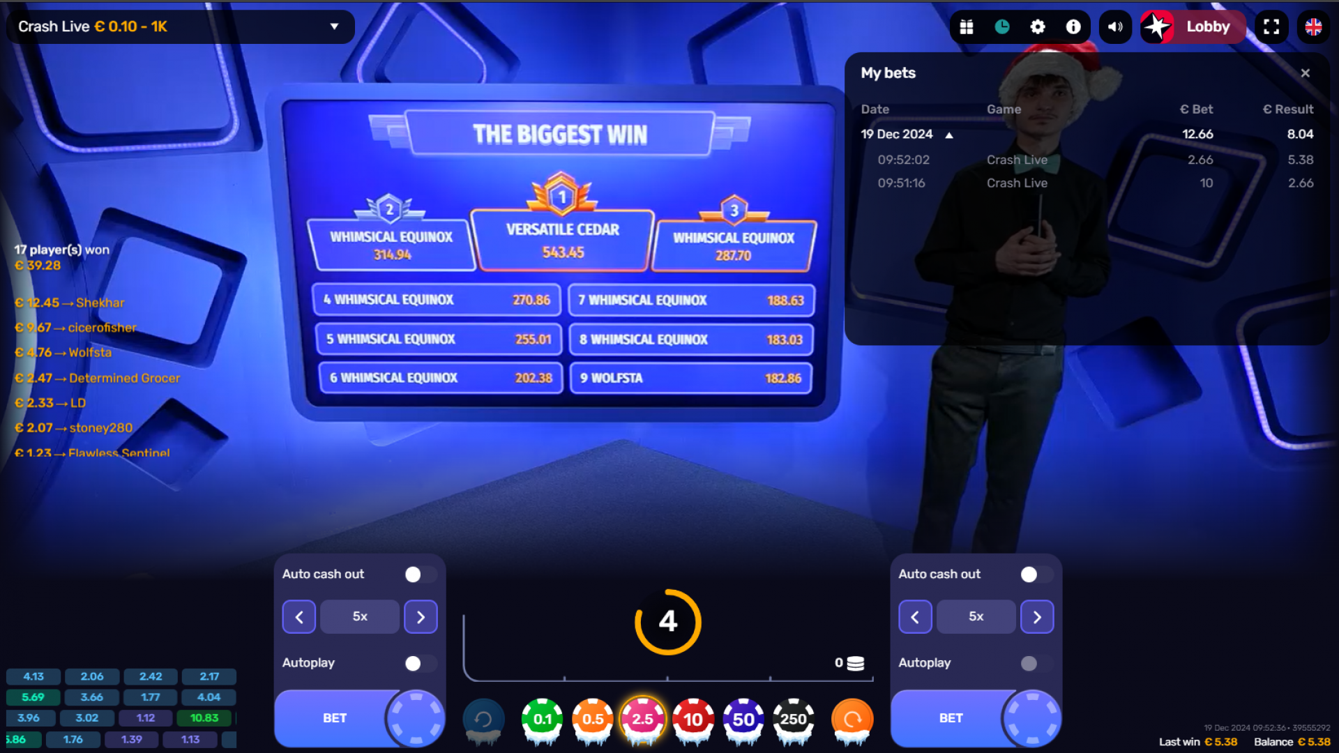 Screenshot of the win history feature in Crash Live, showcasing previous multipliers and winnings for players to analyze.