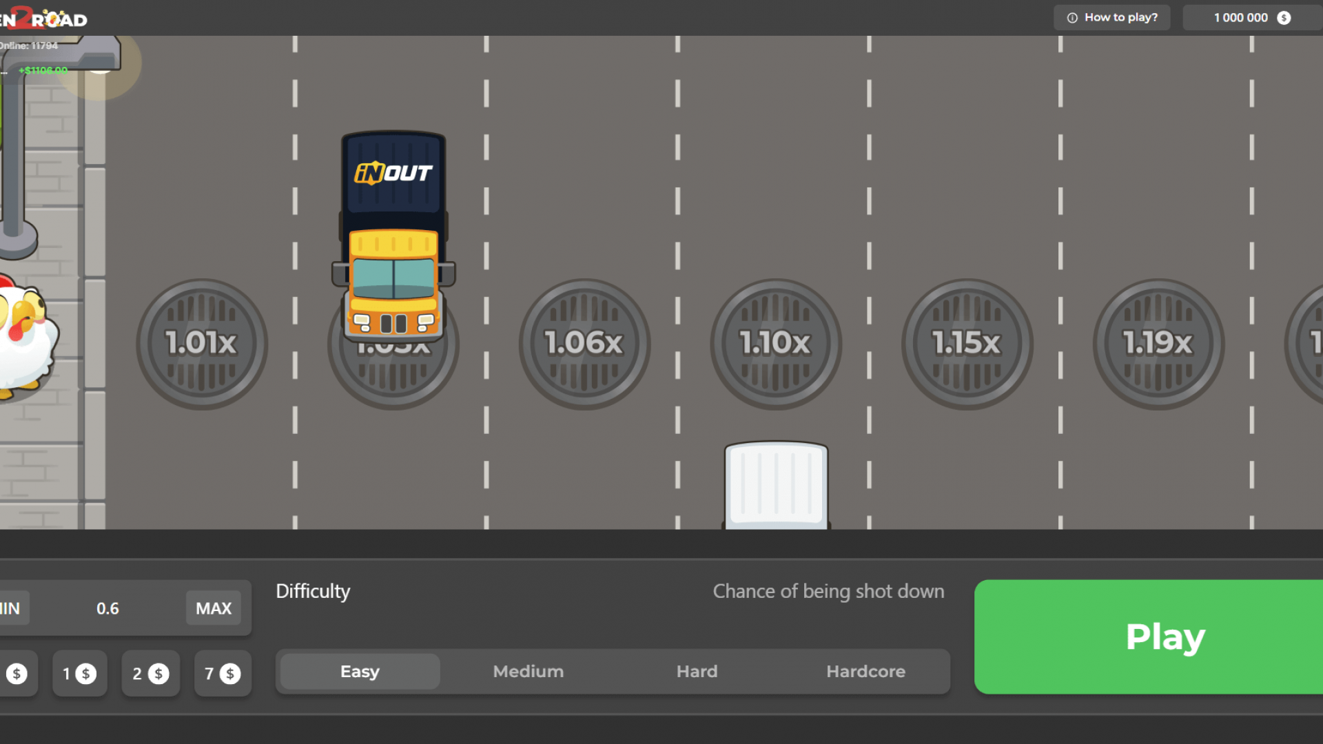 Chicken Road 2.0: Setting the Difficulty and Starting a New Round The start screen of the Chicken Road 2.0 game, showing the chicken on the sidewalk, the difficulty settings, and the 'Play' button.