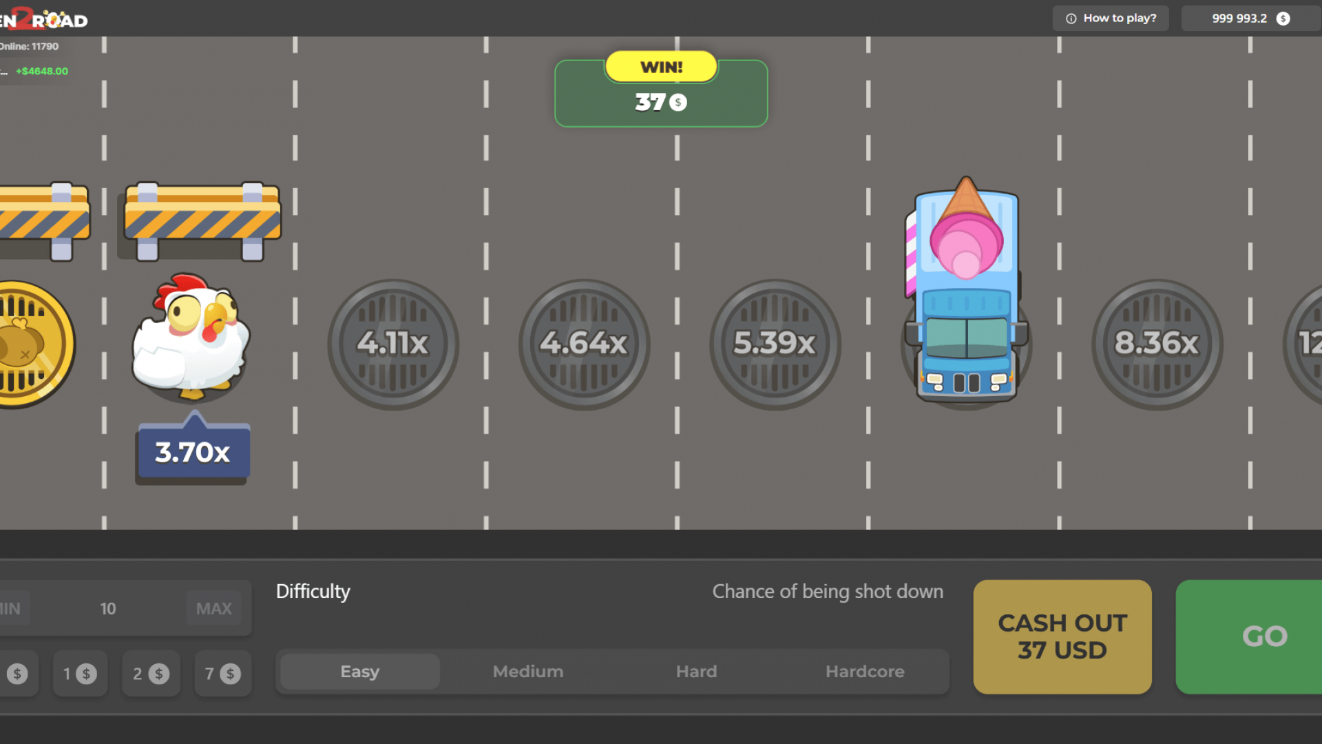 Securing a Win: Cashing Out at 3.70x in Chicken Road 2.0 A successful win screen in Chicken Road 2.0, showing a 'WIN!' banner, a 3.70x multiplier, and a successful 'CASH OUT' amount.