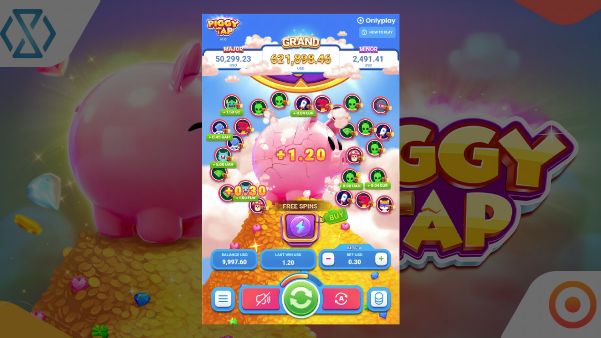 Piggy Tap Base Game with Wheel Feature Piggy Tap gameplay with the Wheel Feature active, offering exciting multiplier opportunities.