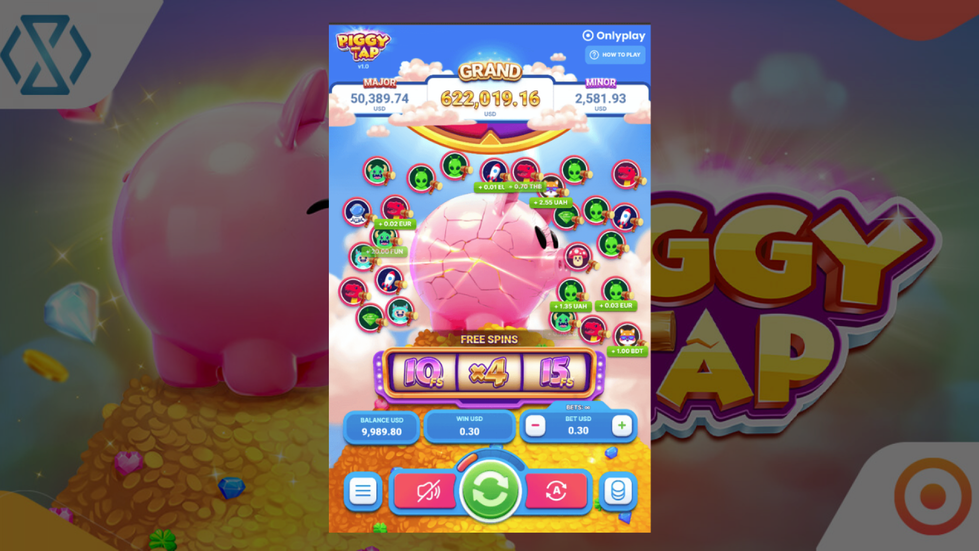 Piggy Tap Free Games Bonus Round Free Games bonus round in Piggy Tap with increased multiplier action." Title: "Piggy Tap Buy Bonus Option