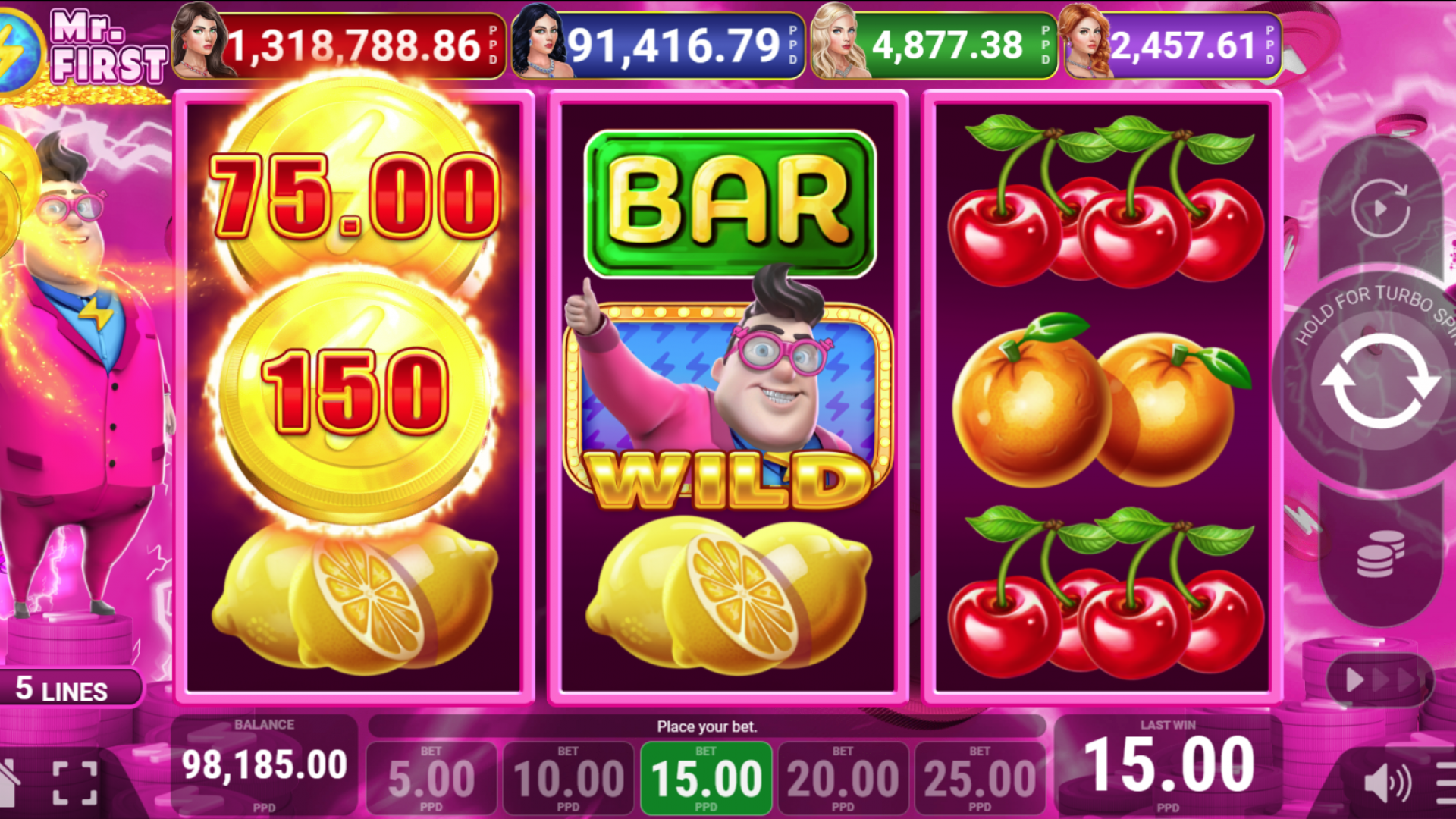 Mr. First Slot Base Game Overview Screenshot of the Mr. First slot base game with classic symbols on the reels.
