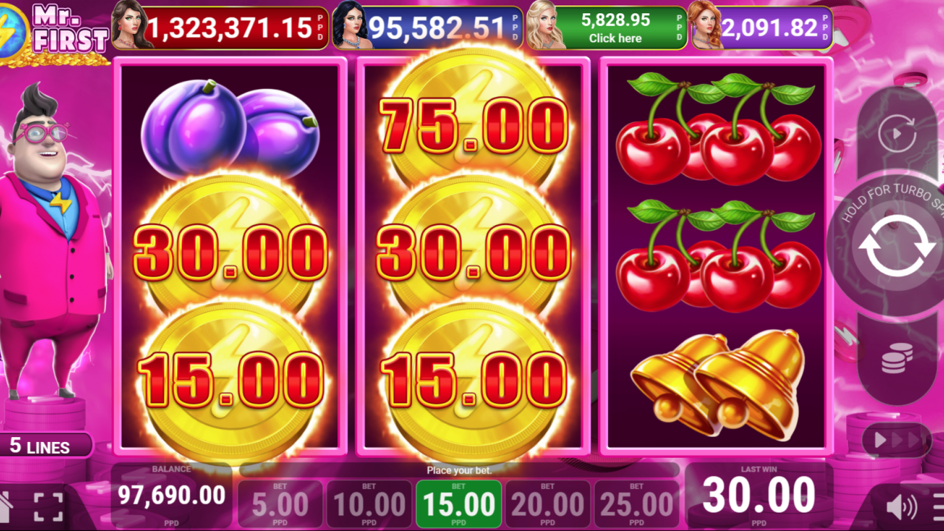 Mr. First Slot Base Game Featuring Gold Coins Image of gold coin symbols appearing in the base game of Mr. First slot.