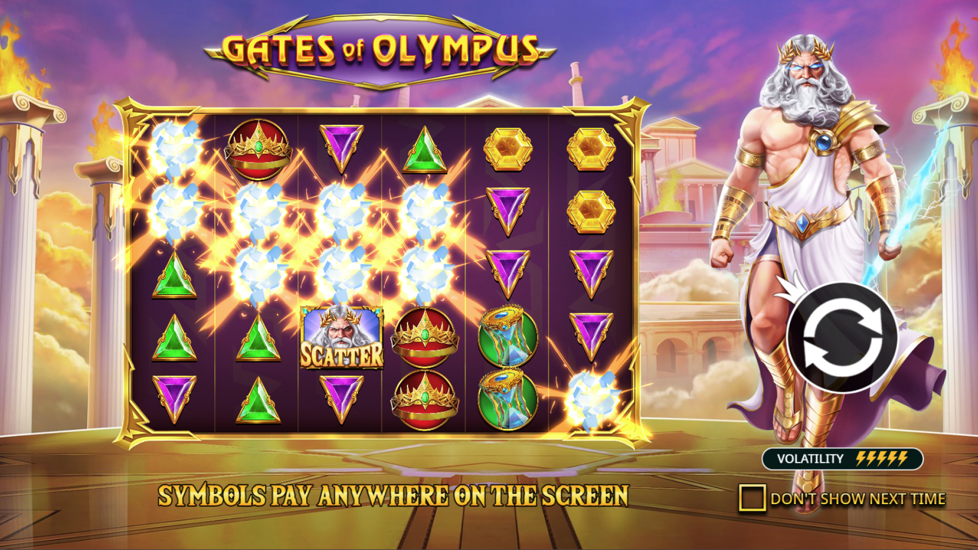 The opening screen of Gates of Olympus slot by Pragmatic Play, showcasing Mount Olympus and Zeus overlooking the reels.