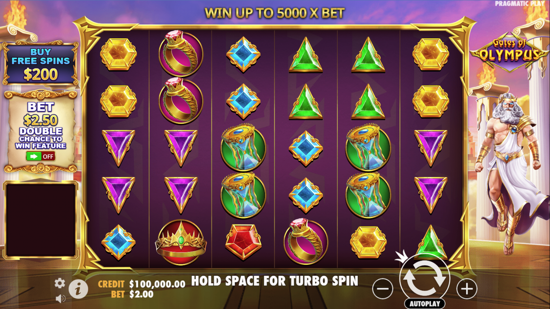 Base game screen of Gates of Olympus with cascading reels and Greek-themed symbols on a 6x5 grid.