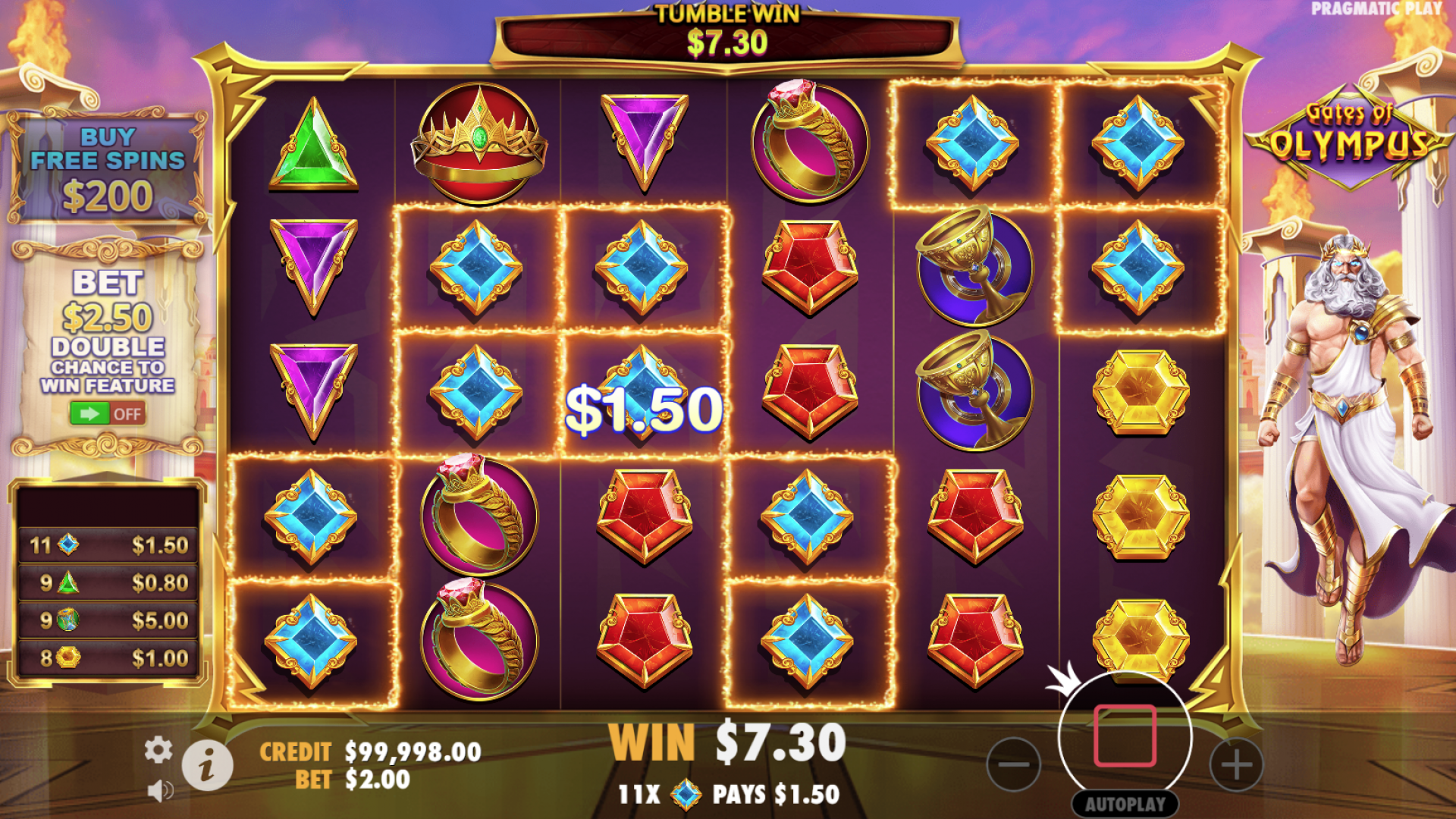 Winning screen during the base game of Gates of Olympus, highlighting a payout from matching Greek-themed symbols.