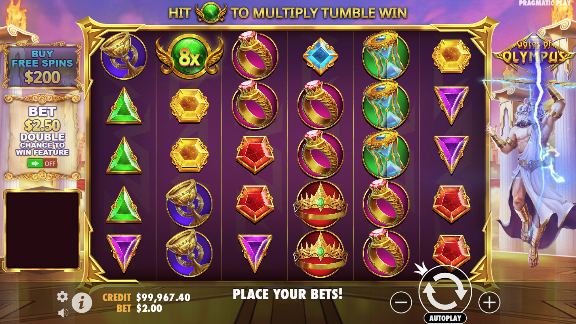 A multiplier symbol lands in the base game of Gates of Olympus, increasing the potential payout of a winning combination.