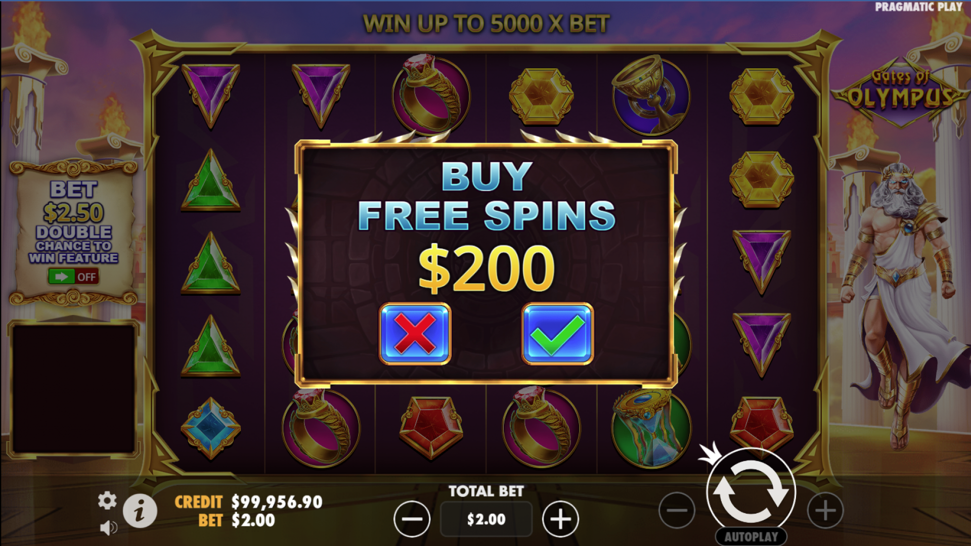 The Buy Bonus screen in Gates of Olympus, offering players a shortcut to the Free Spins round for 100x their bet.