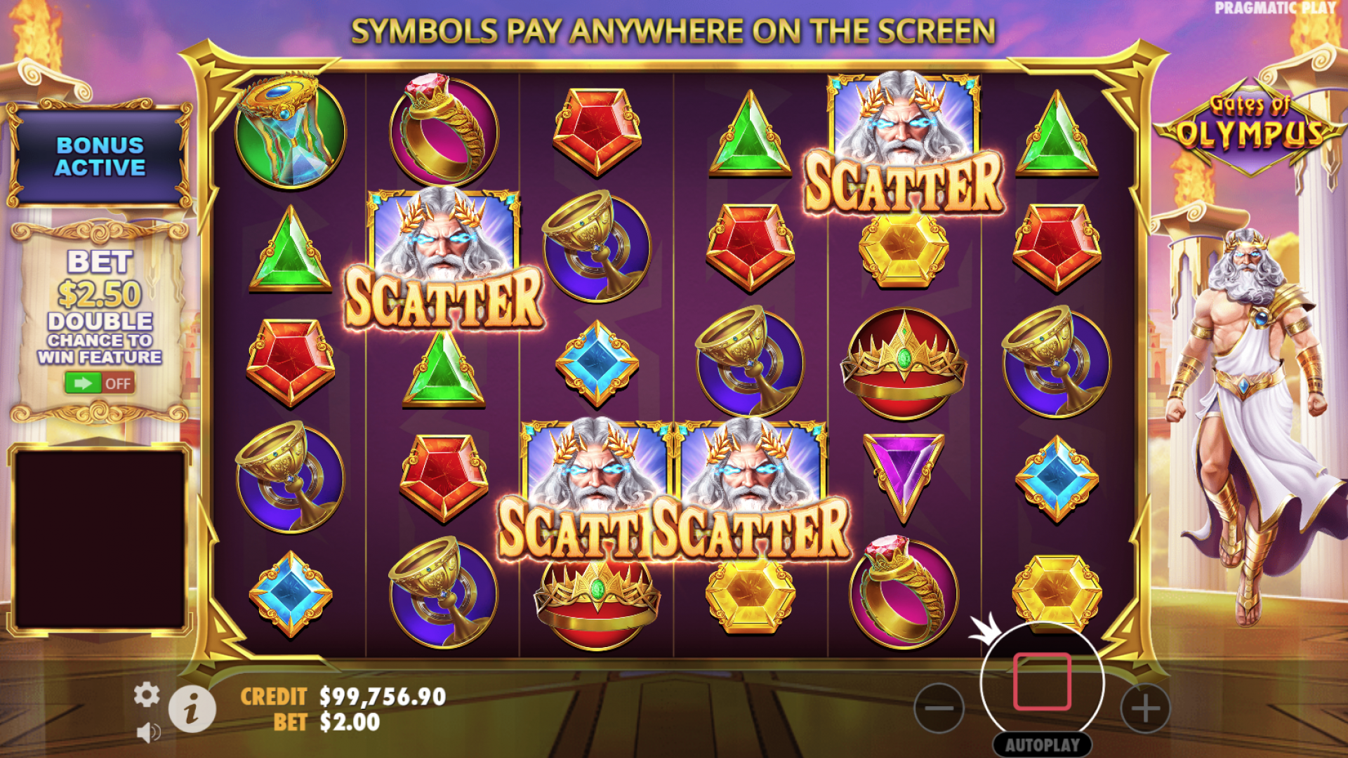Scatter symbols trigger the Free Spins feature in Gates of Olympus, with Zeus granting access to divine multipliers.