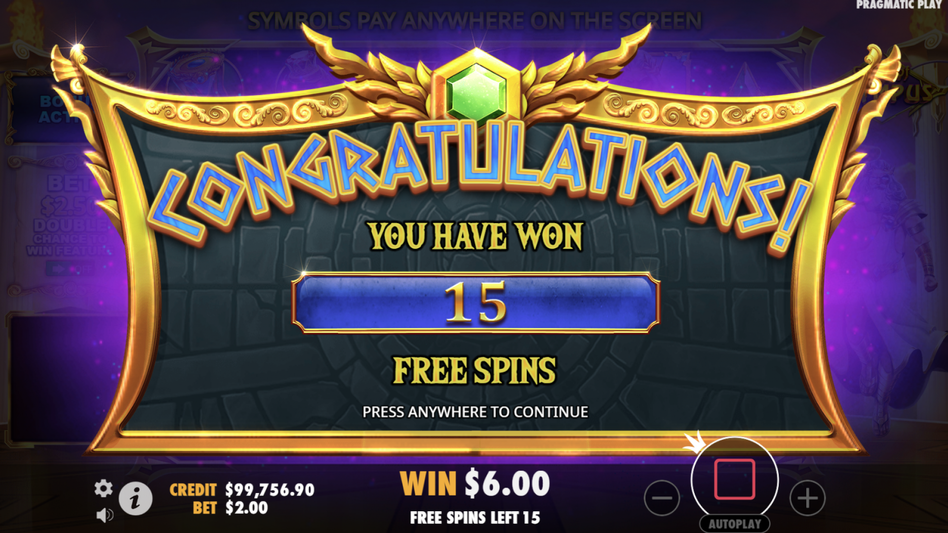 The beginning of the Free Spins round in Gates of Olympus, with Zeus overseeing potential massive payouts