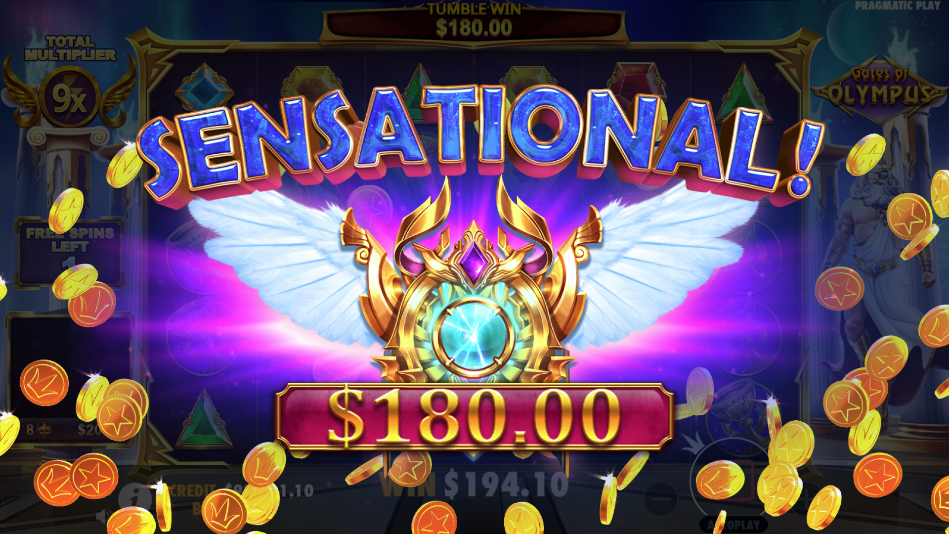 A big win during the Free Spins feature in Gates of Olympus, with multipliers delivering massive rewards.