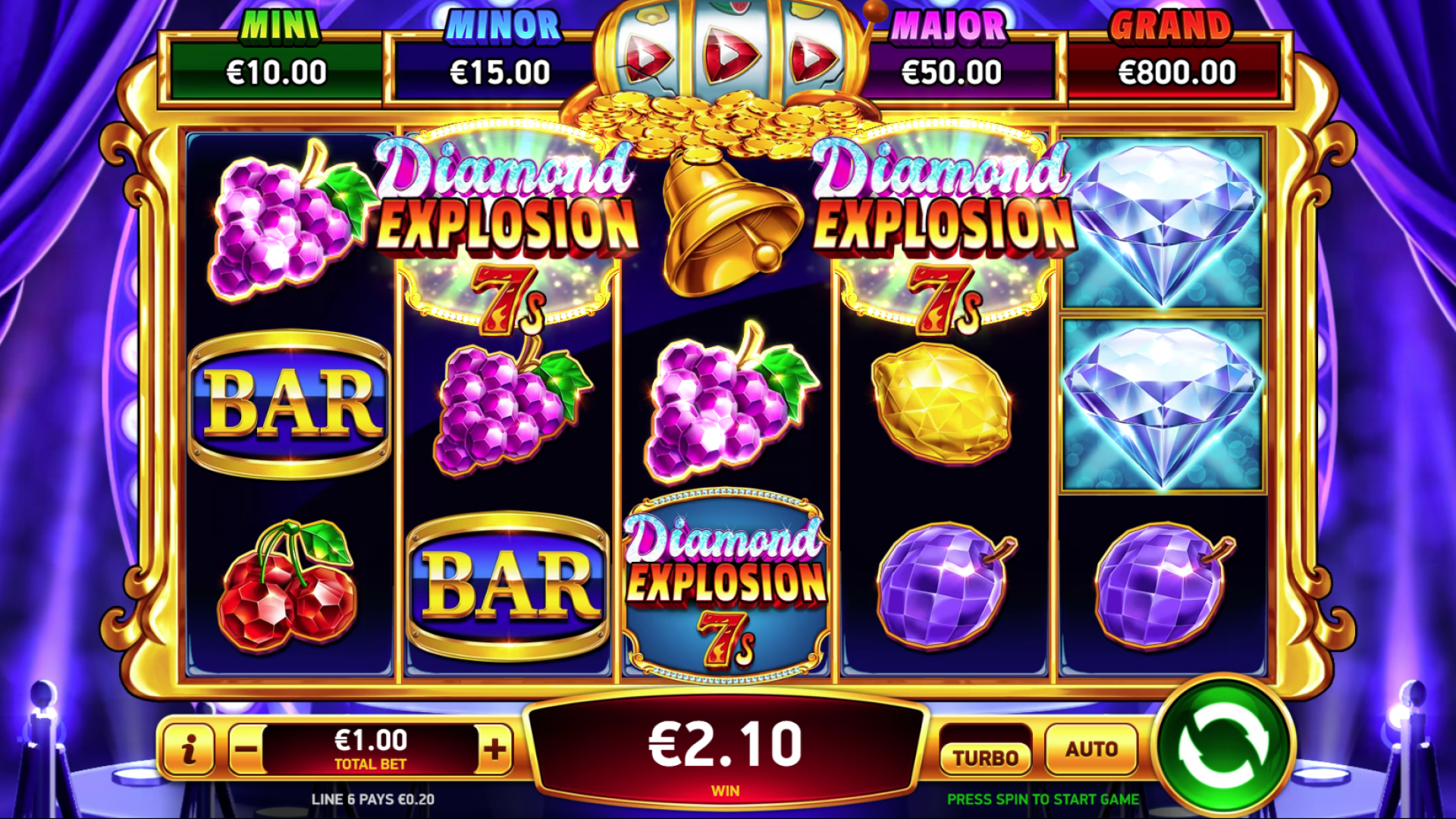 Diamond Explosion 7s Base Game Screenshot Screenshot of Diamond Explosion 7s showing the base game layout with classic fruit symbols and paylines.