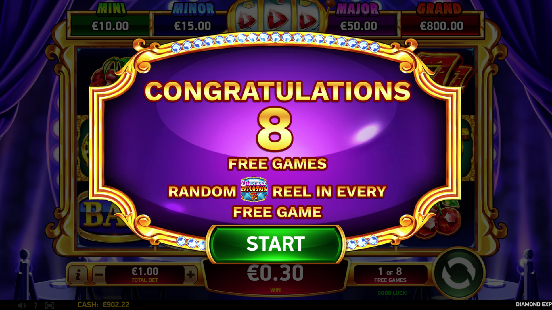 Diamond Explosion 7s Free Games Start Screen Start screen for the Free Games feature in Diamond Explosion 7s, highlighting the activation of free spins.