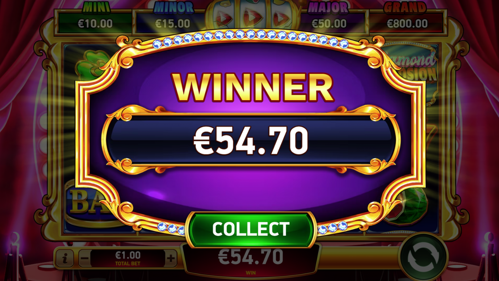 Winning screen during the Free Games feature in Diamond Explosion 7s, showcasing a big win. Diamond Explosion 7s Free Games Win