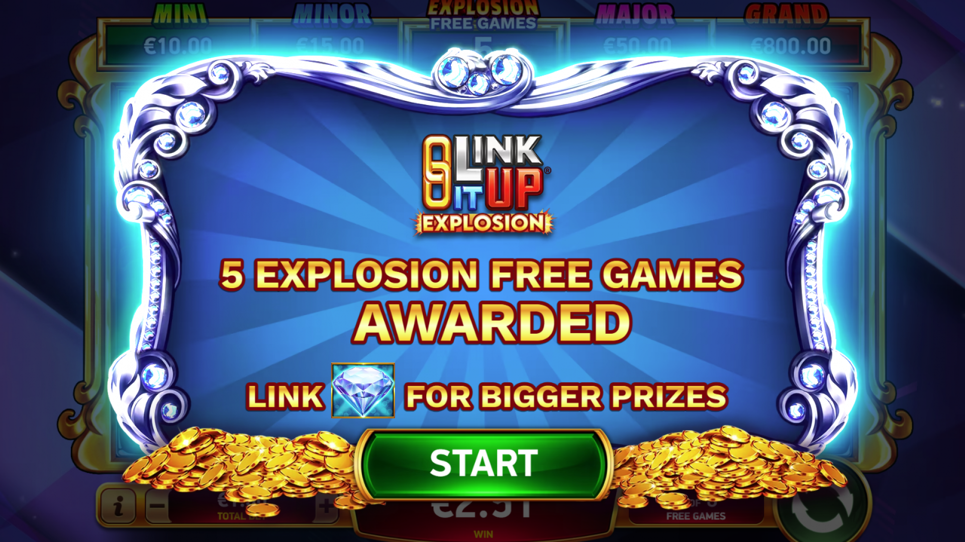 Diamond Explosion 7s Explosive Free Games Start Screen Start screen for the Explosive Free Games feature in Diamond Explosion 7s, indicating the beginning of this special mode.