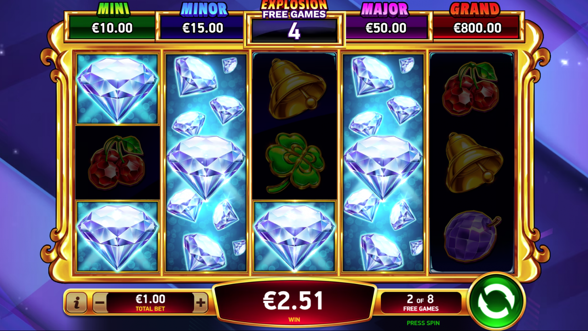 Diamond Explosion 7s Collect Diamonds in Explosive Free Games Collecting diamonds during the Explosive Free Games feature in Diamond Explosion 7s, showing potential big wins.