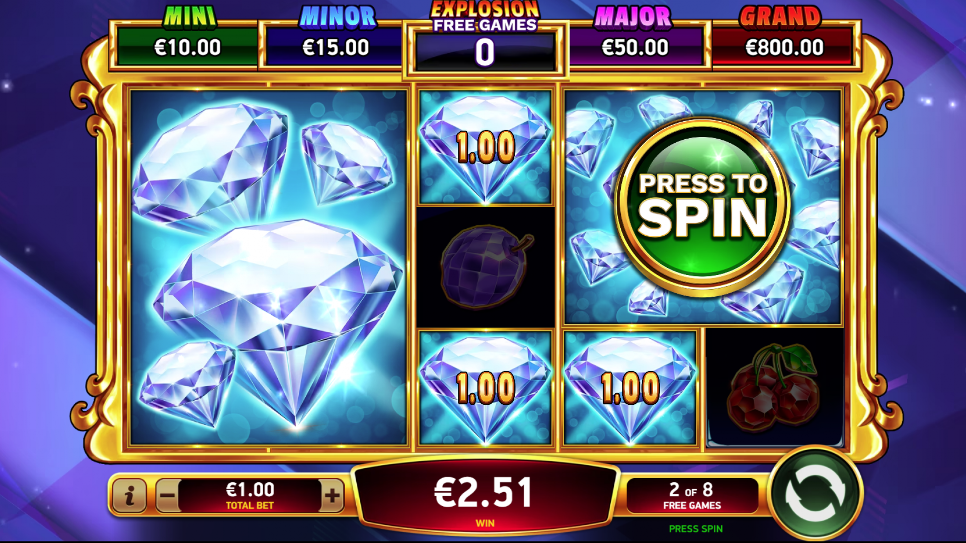 Diamond Explosion 7s Collected Diamonds and Jackpot Feature Screen showing collected diamonds and the activation of the Jackpot feature during the Explosive Free Games in Diamond Explosion 7s.