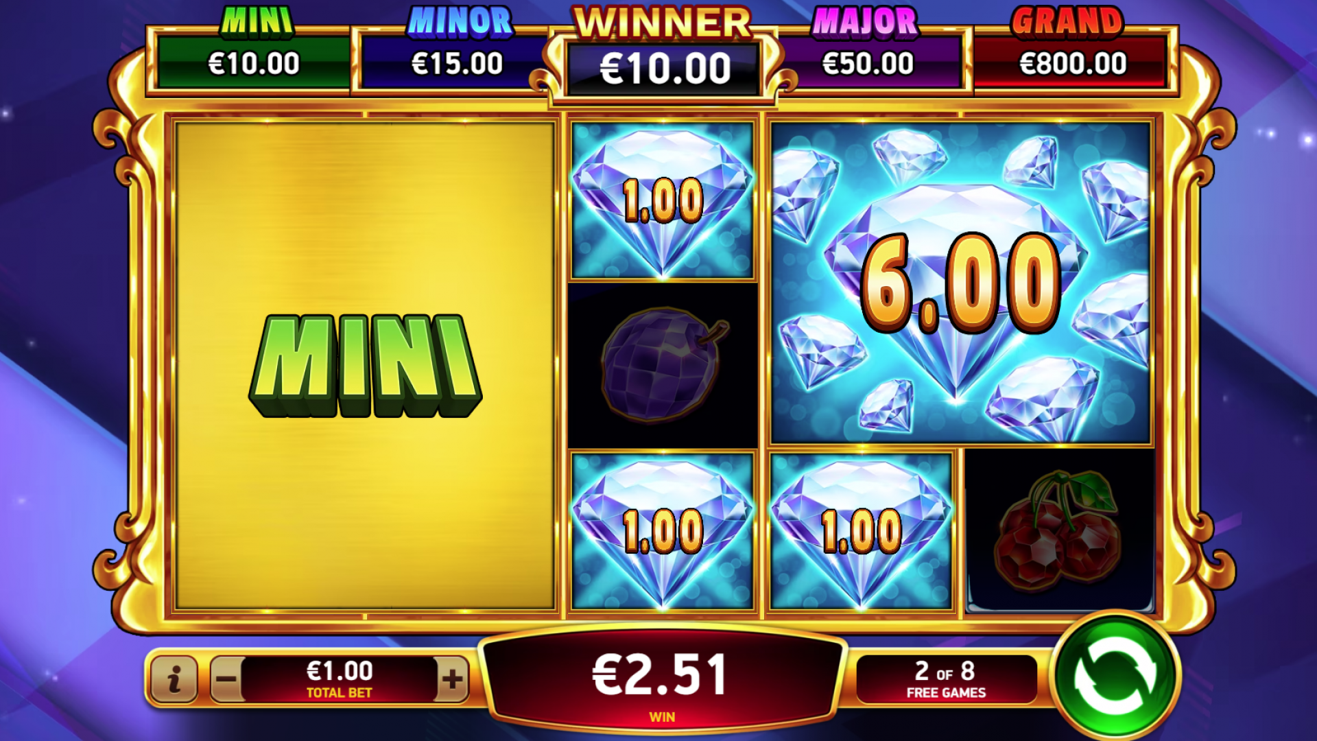Diamond Explosion 7s Mini Jackpot Awarded Mini Jackpot awarded during the Explosive Free Games feature in Diamond Explosion 7s, highlighting a significant win.