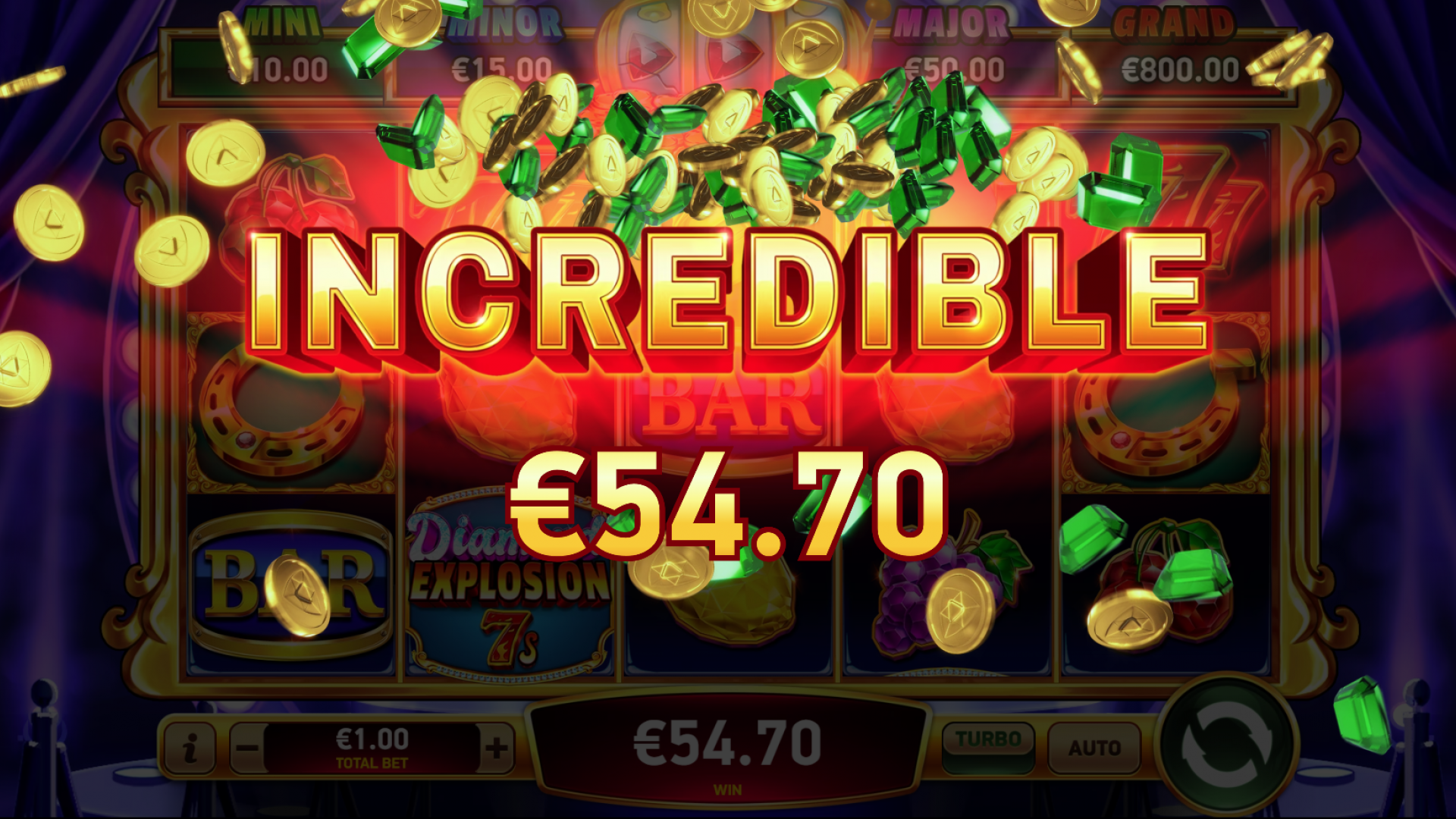 Diamond Explosion 7s Big Win Big Win screen in Diamond Explosion 7s, featuring a massive payout and celebratory graphics.