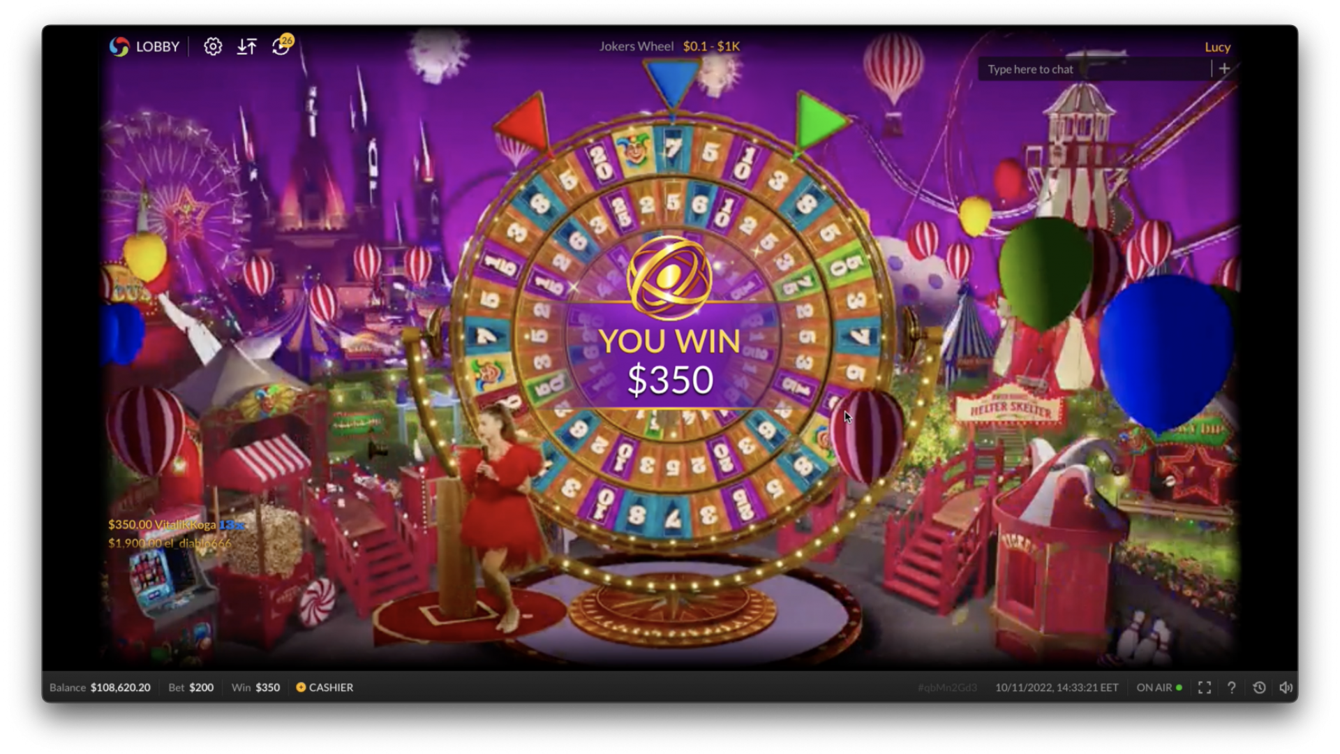 Joker's Wheel - Big Win Celebration Screenshot of a big win celebration in Joker's Wheel by Skywind, featuring a colorful winning message on screen.