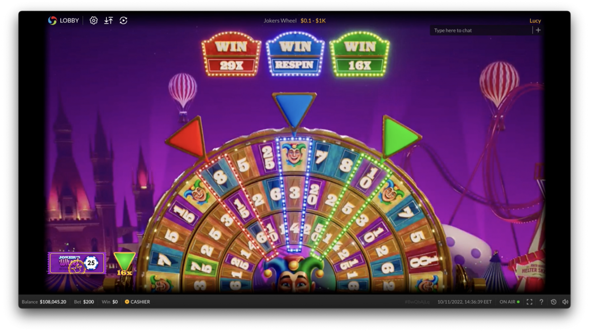 Joker's Wheel - Spin Result Overview Detailed view of the spin result in Joker's Wheel by Skywind, showcasing the landed prize segment on the wheel.