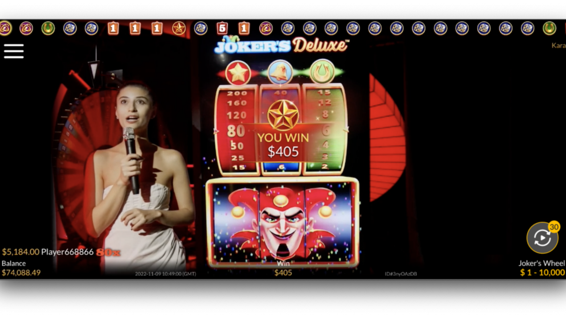 Joker's Wheel - Win on the Wheel A win is displayed on Joker's Wheel by Skywind, showing a successful spin with high rewards on the wheel.