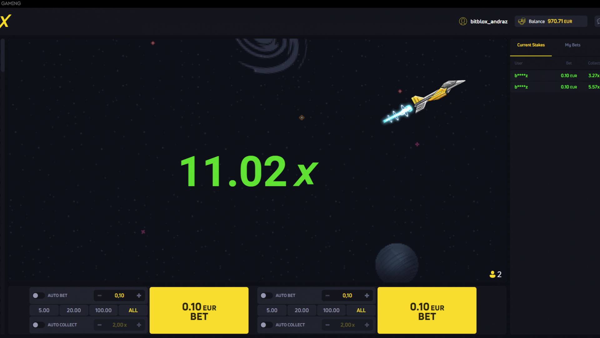 11x multiplier in JetX crash game, showing significant potential winnings from the multiplier feature