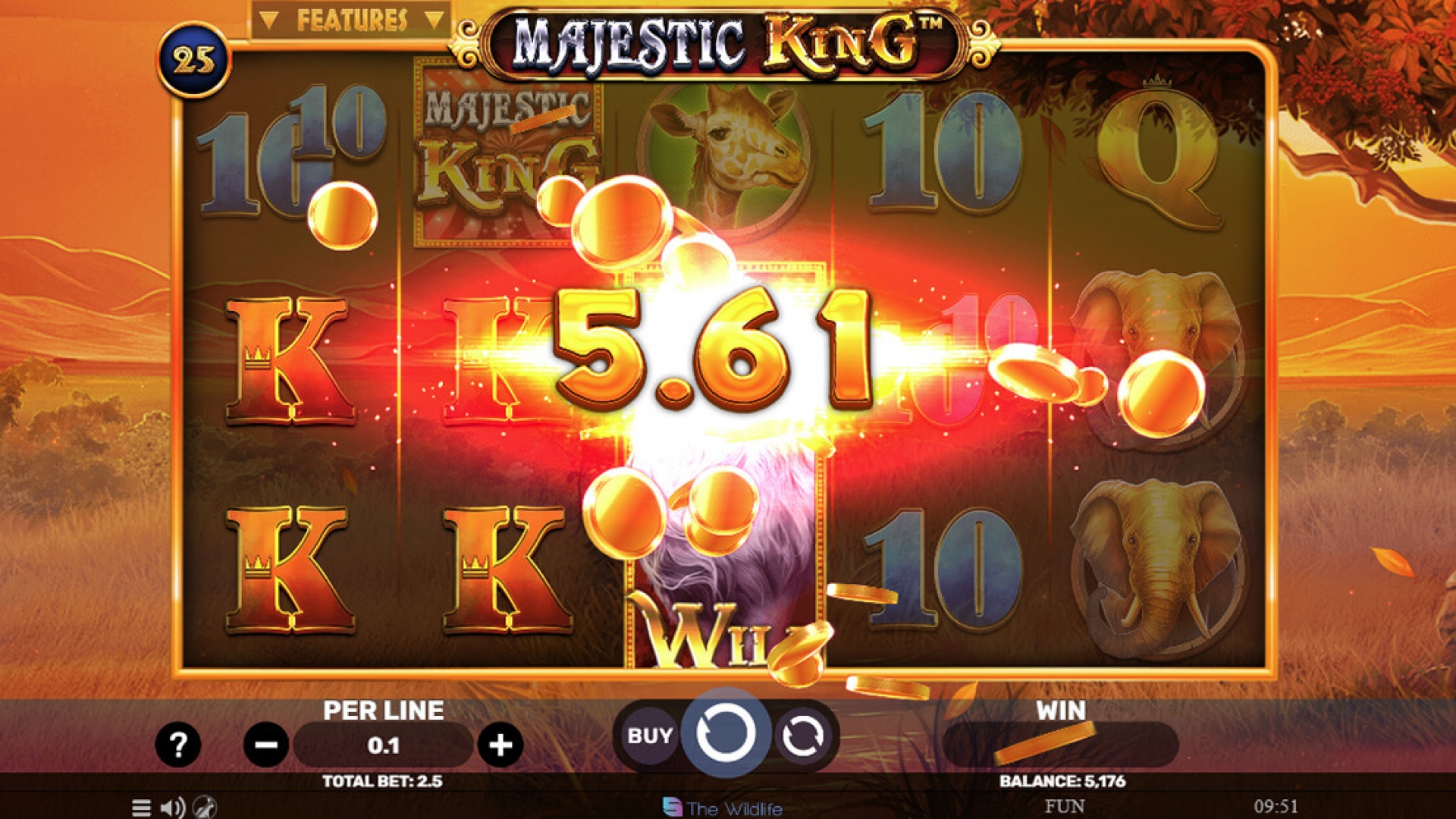 Base Game Win in Majestic King - Roaring Prizes A winning combination in the base game of Majestic King slot, highlighting stacked wilds and royal symbols for big payouts.
