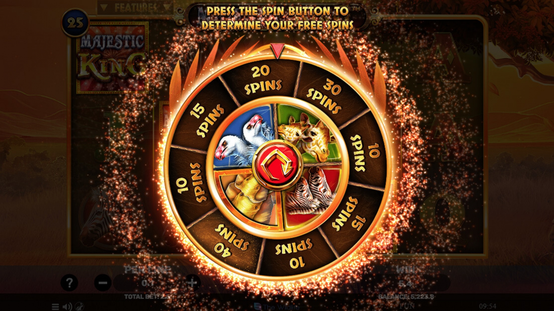 Majestic King Free Games - Wheel of Fortune Mini-Game Wheel of Fortune deciding Free Spins and double symbols in the Free Games feature of Majestic King slot.