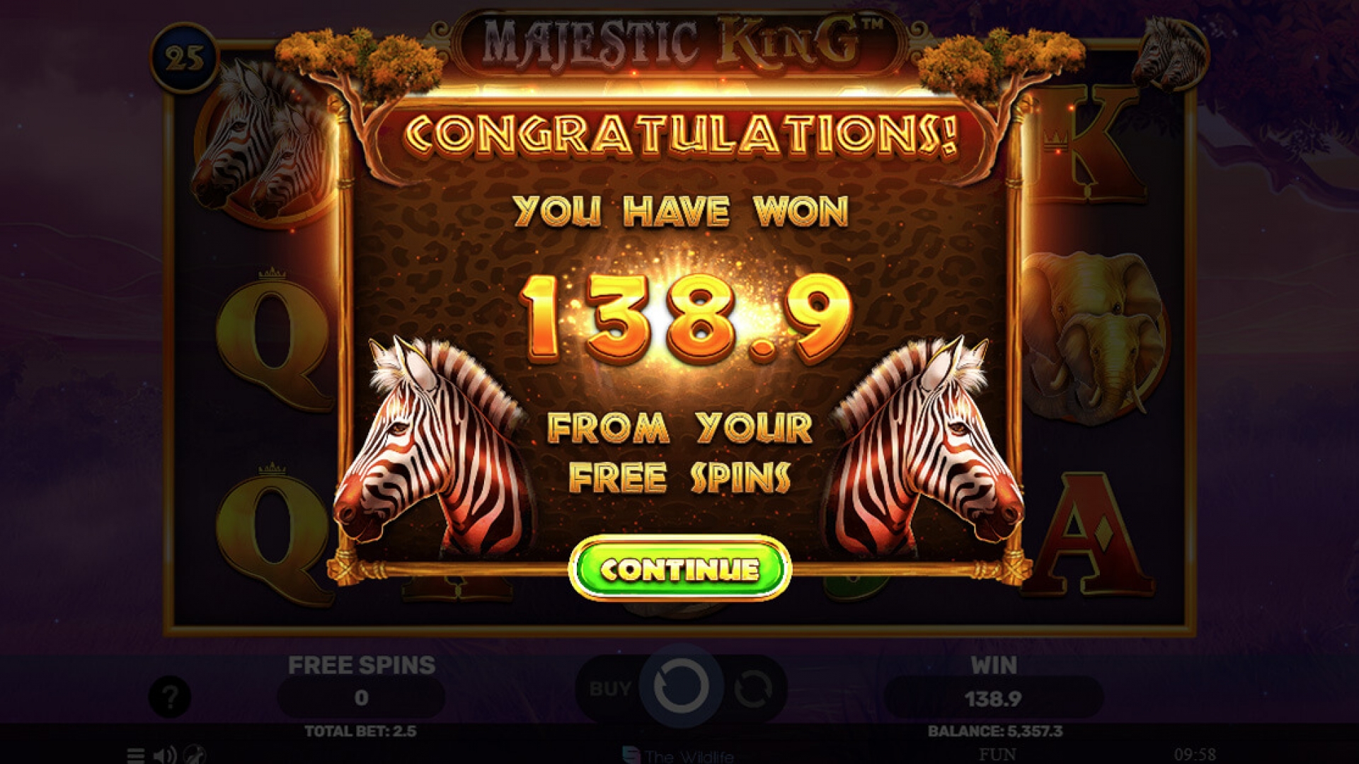 Majestic King Free Games - Total Win Display Total win screen after Free Games in Majestic King, showcasing the rewards earned from the Wheel of Fortune feature.