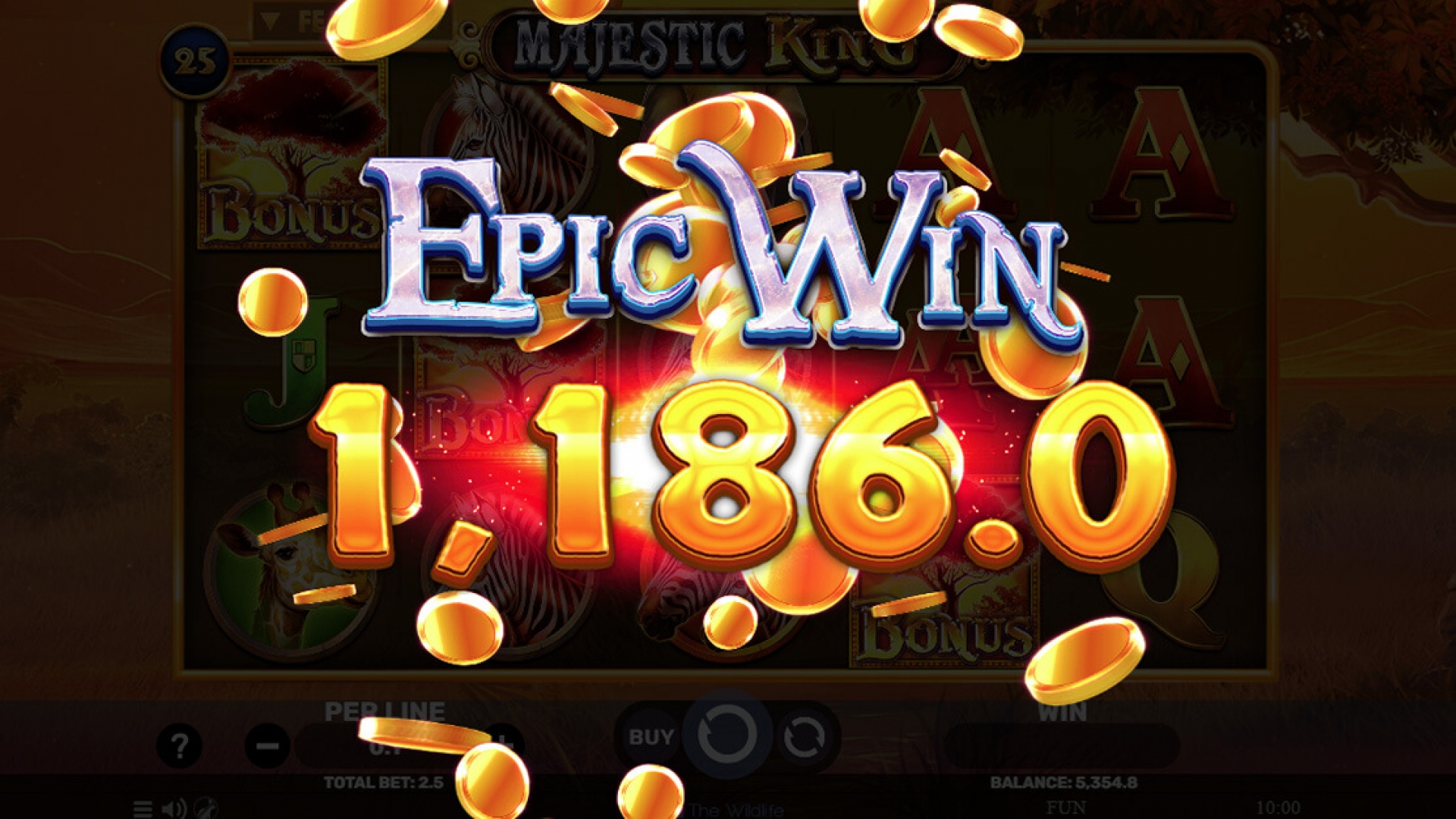 Epic Win in Majestic King Slot - Big Wins in the African Savanna Epic win screen in Majestic King slot by Spinomenal, celebrating the player's massive win in this iGaming adventure.